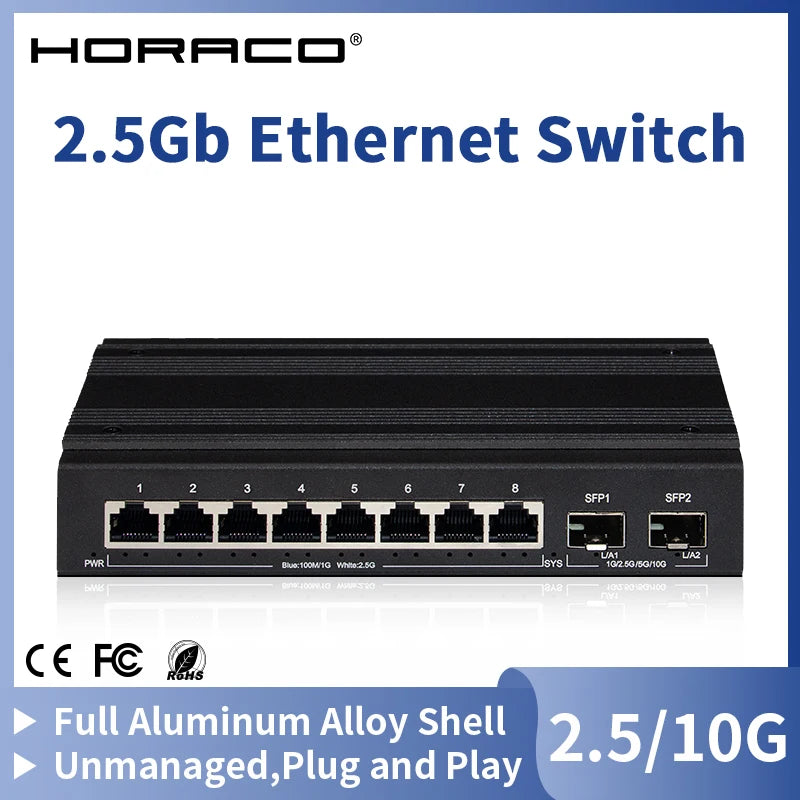 HORACO 2.5G Network Switch 8 Port Ethernet Switch with 2*10G SFP+ Plug and Play Fanless Homelab Switch