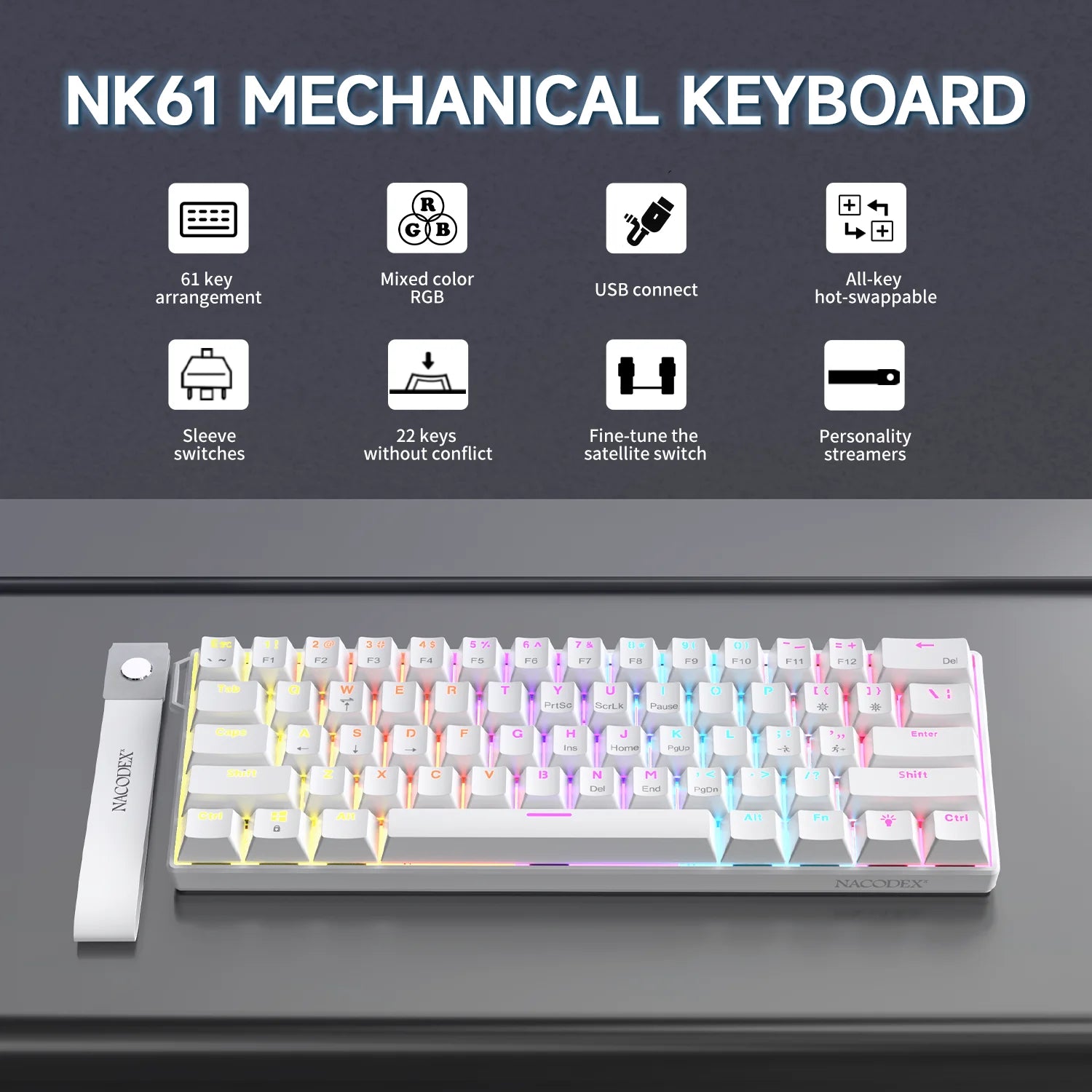 AJAZZ NK61 Wired Mechanical Keyboard, Mixed Backlight, Compact Mini Layout, Detachable USB-C Cable, Keycap Puller Included