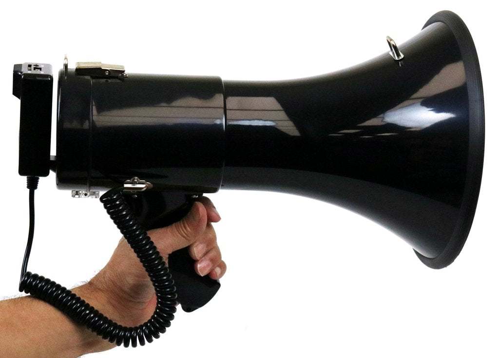 13-1/2-in PA Megaphone w/Hanging Mic, SD Card Play, Aux Input, USB Input, Siren, Recorder.