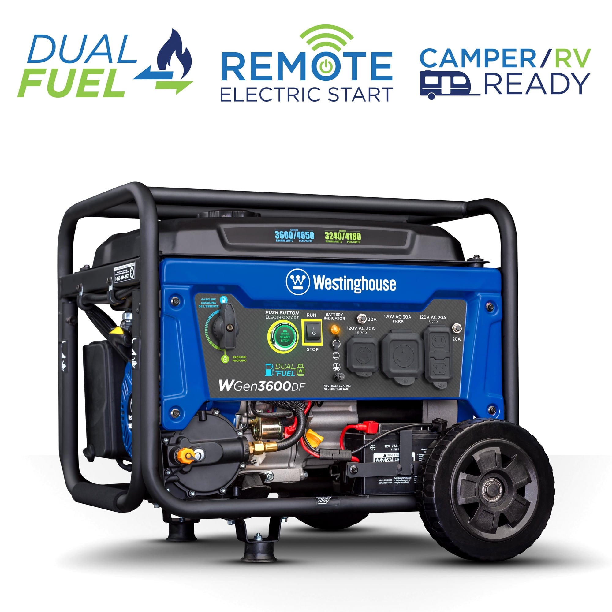 Westinghouse 4650 Peak Watt Dual Fuel Portable Generator, Remote Electric Start, Rv Ready Outlet