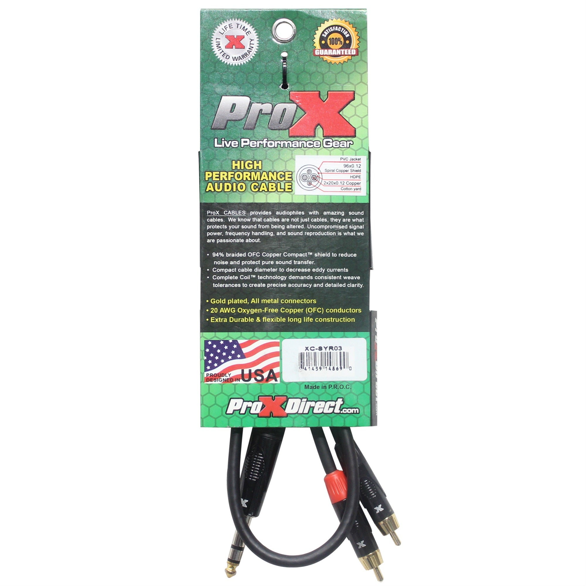 Prox Xc Syr03 3 Ft. Unbalanced 1/4'' Trs M To Dual Rca M High Performance Audio Cable