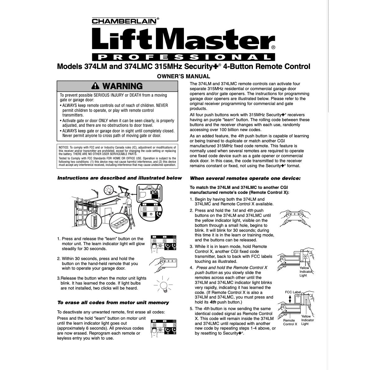 AccessMaster 374LM 4 Button Vizor 315mhz Garage Door Opener Remote Control