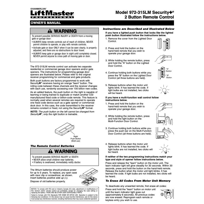 AccessMaster 972LM / 92LM 2-Button Vizor 390MHz Garage Door Opener Remote Control