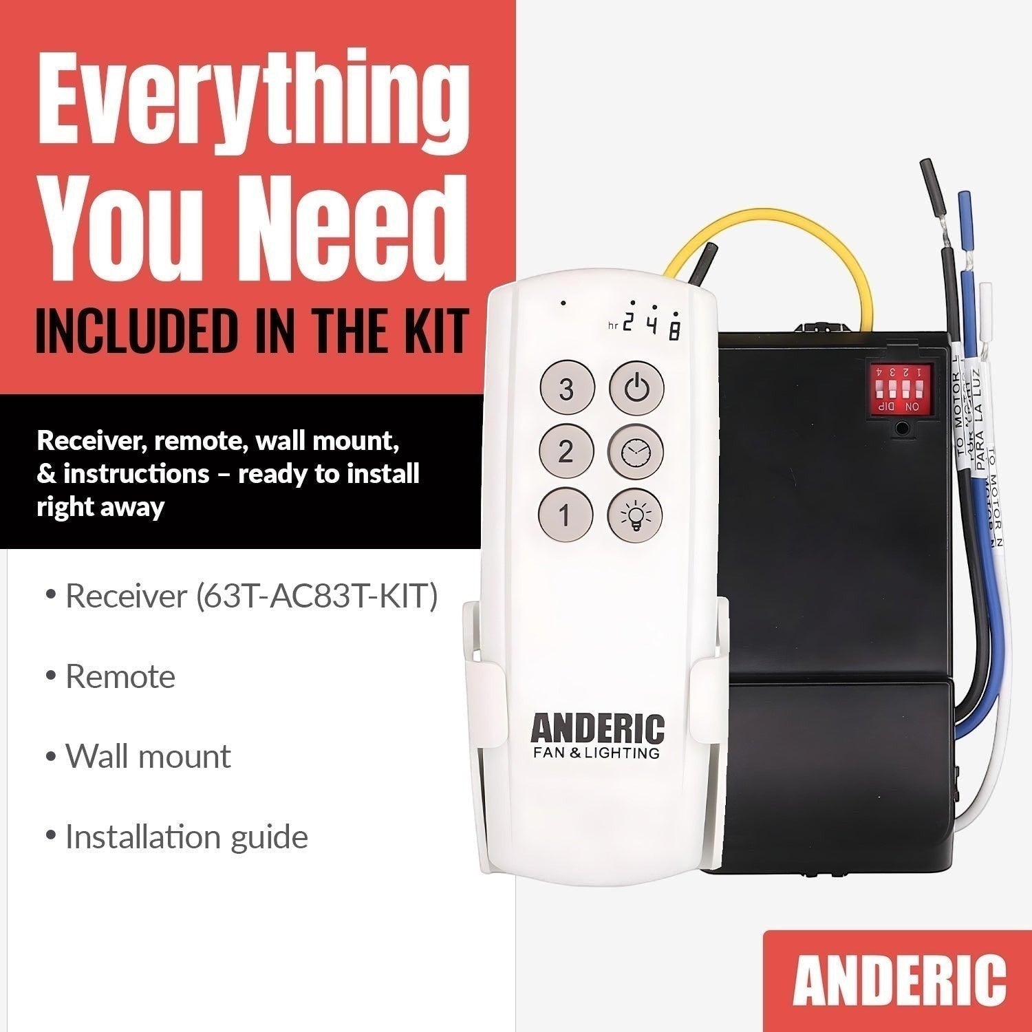 Anderic Substitute Kit for Hampton Bay UC7067RYAI / 1000408143 Ceiling Fan Receiver - UC7067RYAI [63T-AC83T-KIT]