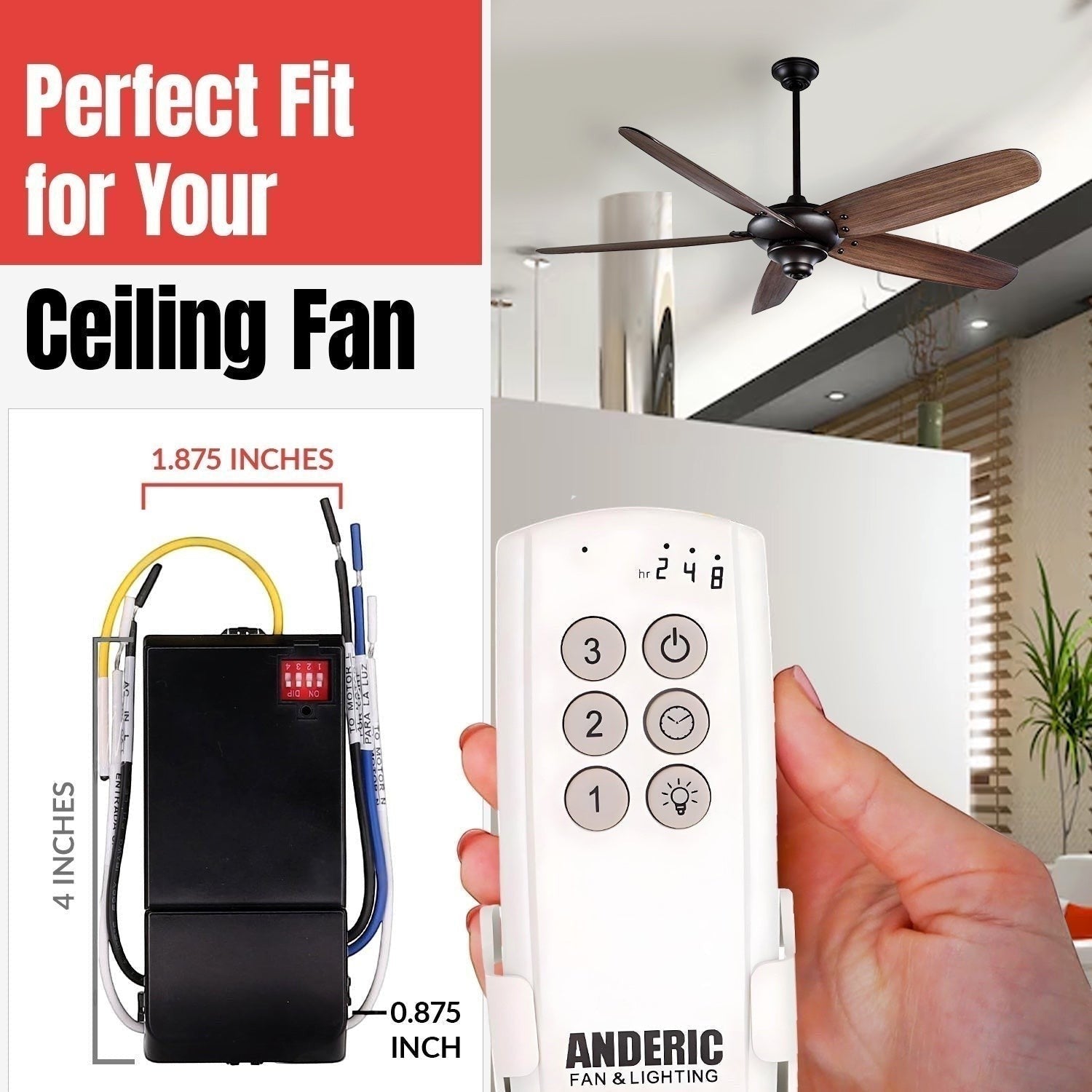 Anderic Substitute Kit for Hunter Universal On/Off Damp Rated Ceiling Fan Remote Control White - 99394 K6018-02 [63T-AC83T-KIT]