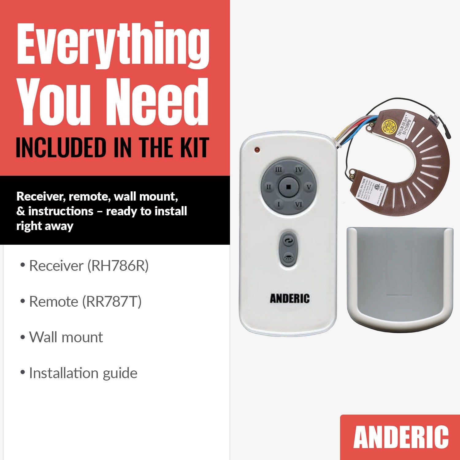 Anderic Substitute for Kichler RH786R Ceiling Fan Receiver [RH786R/RR787T-KIT]