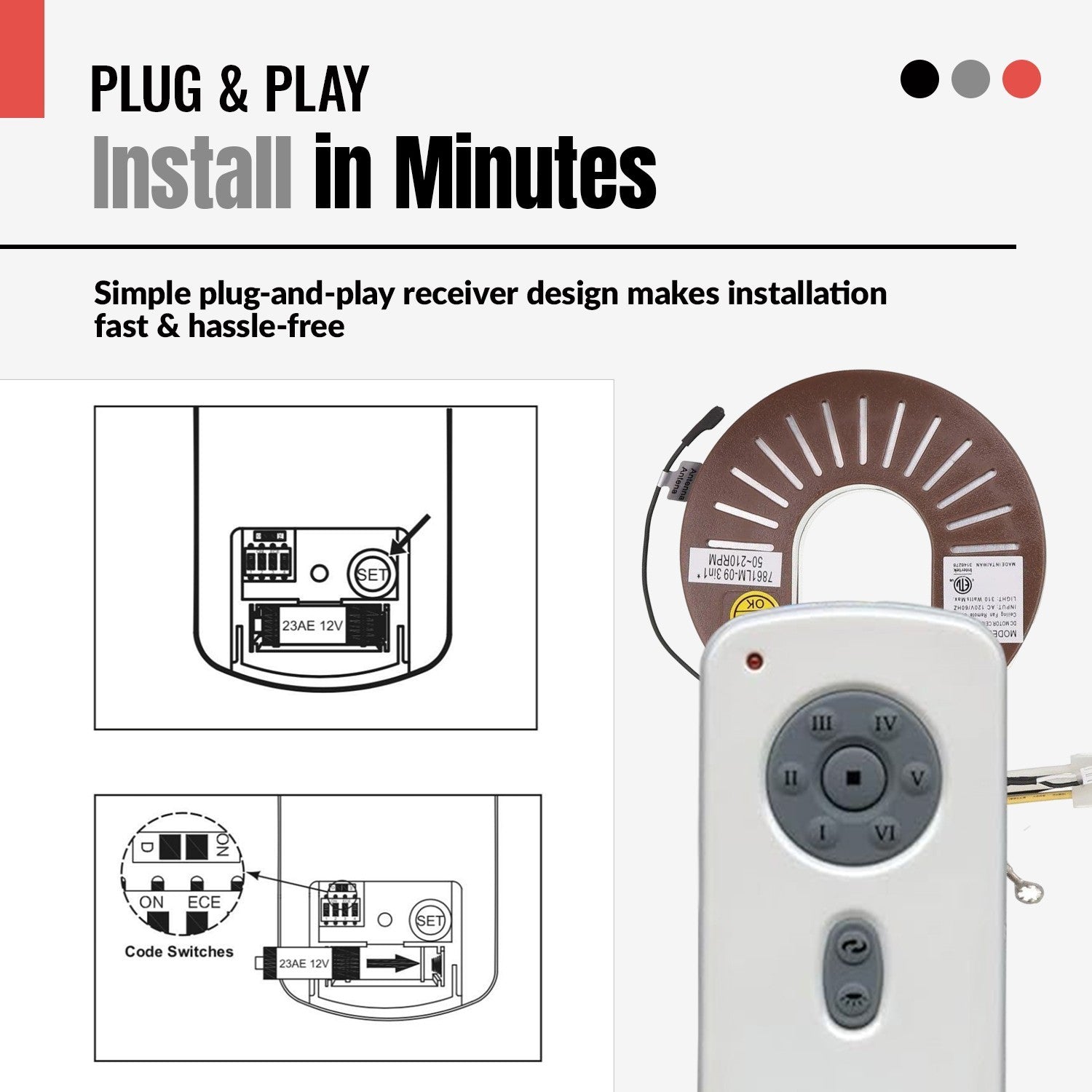 Anderic Substitute for Kichler RH786R Ceiling Fan Receiver [RH786R/RR787T-KIT]