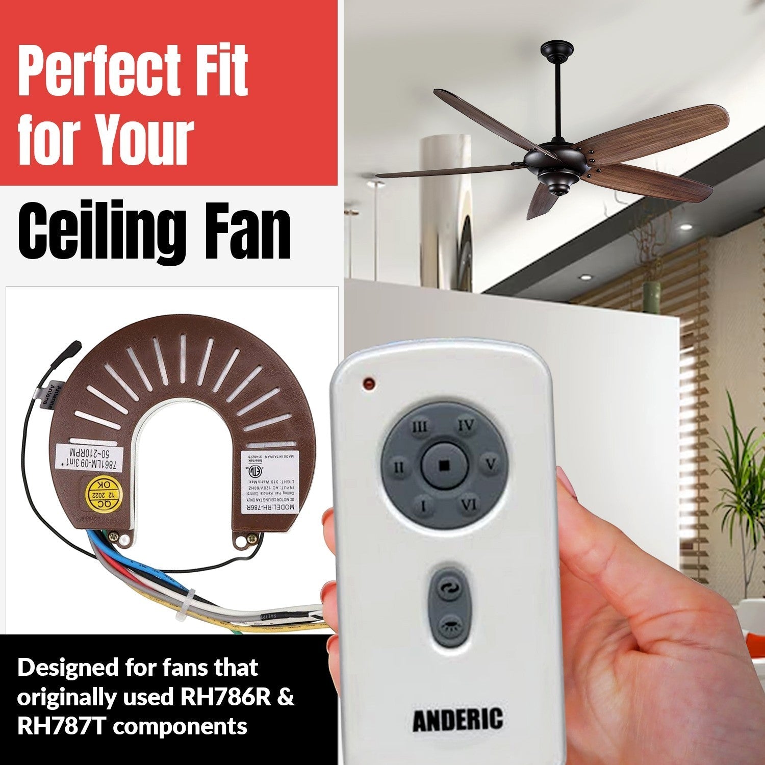 Anderic Substitute for Kichler RH786R Ceiling Fan Receiver [RH786R/RR787T-KIT]