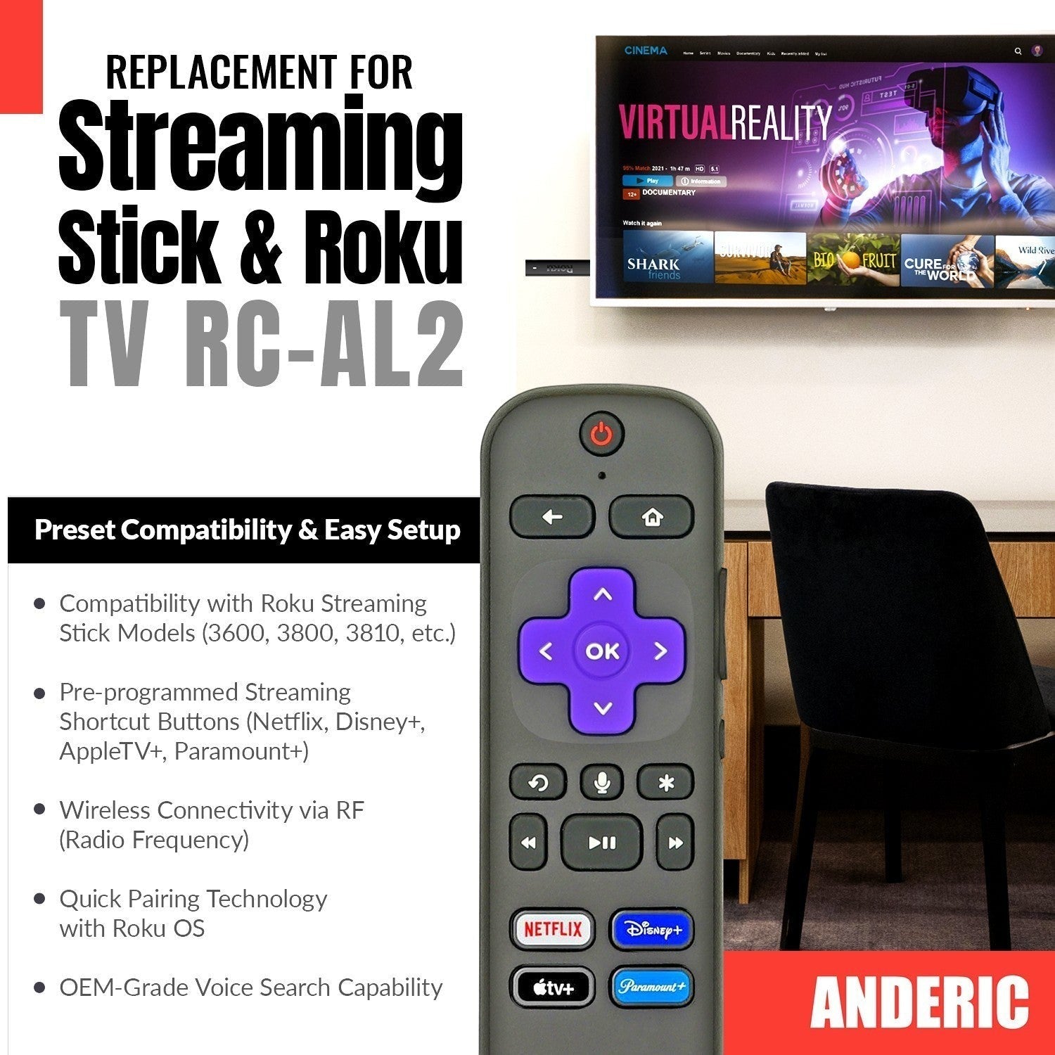 Anderic Substitute for Roku RC-GZ1 Streaming Stick Remote Control with Voice 3226001306 [RCGZ1]