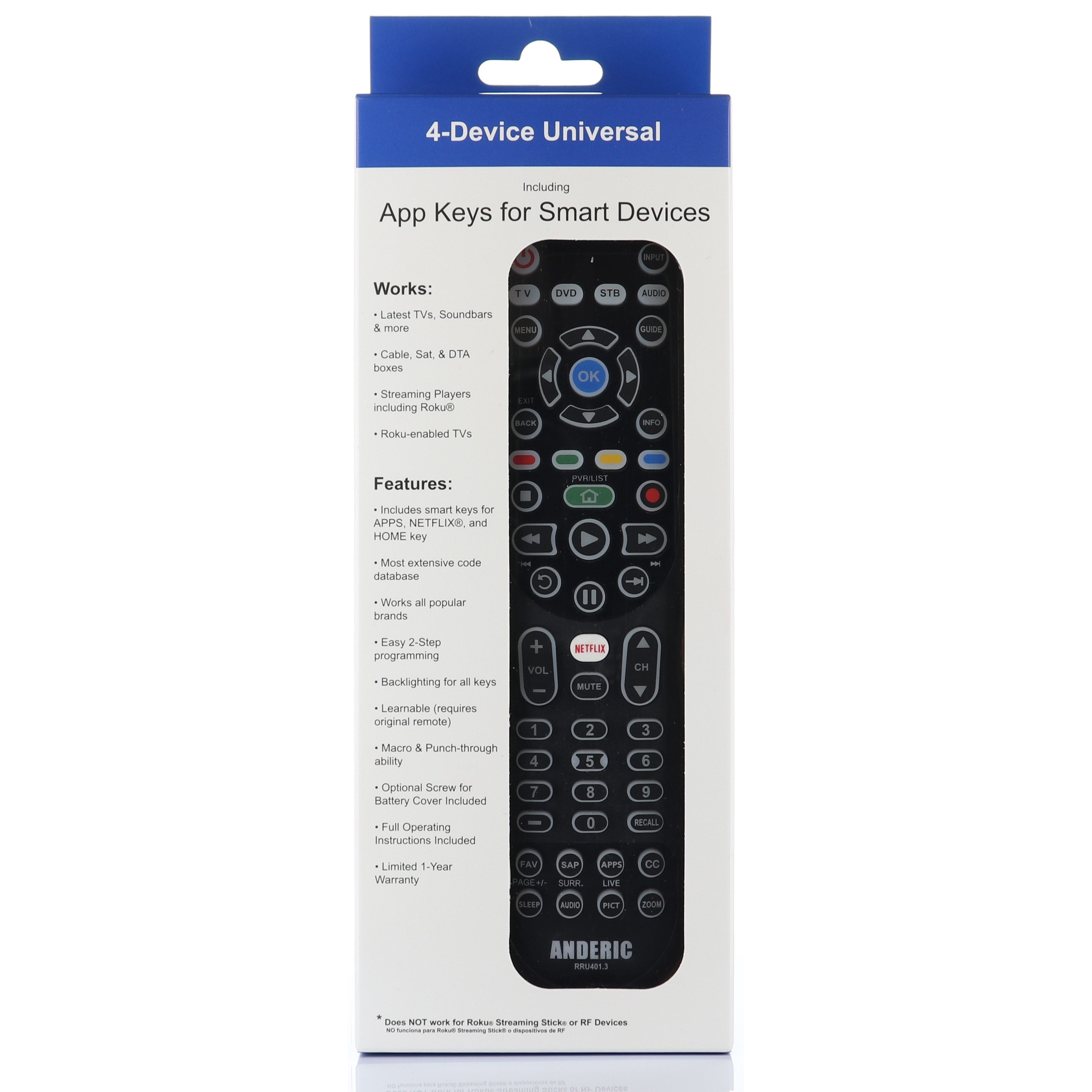 Anderic RRU401.7 4-Device Universal Remote Control with Backlight, Macro and Learning for TV, Cable, Streaming, DVD and more