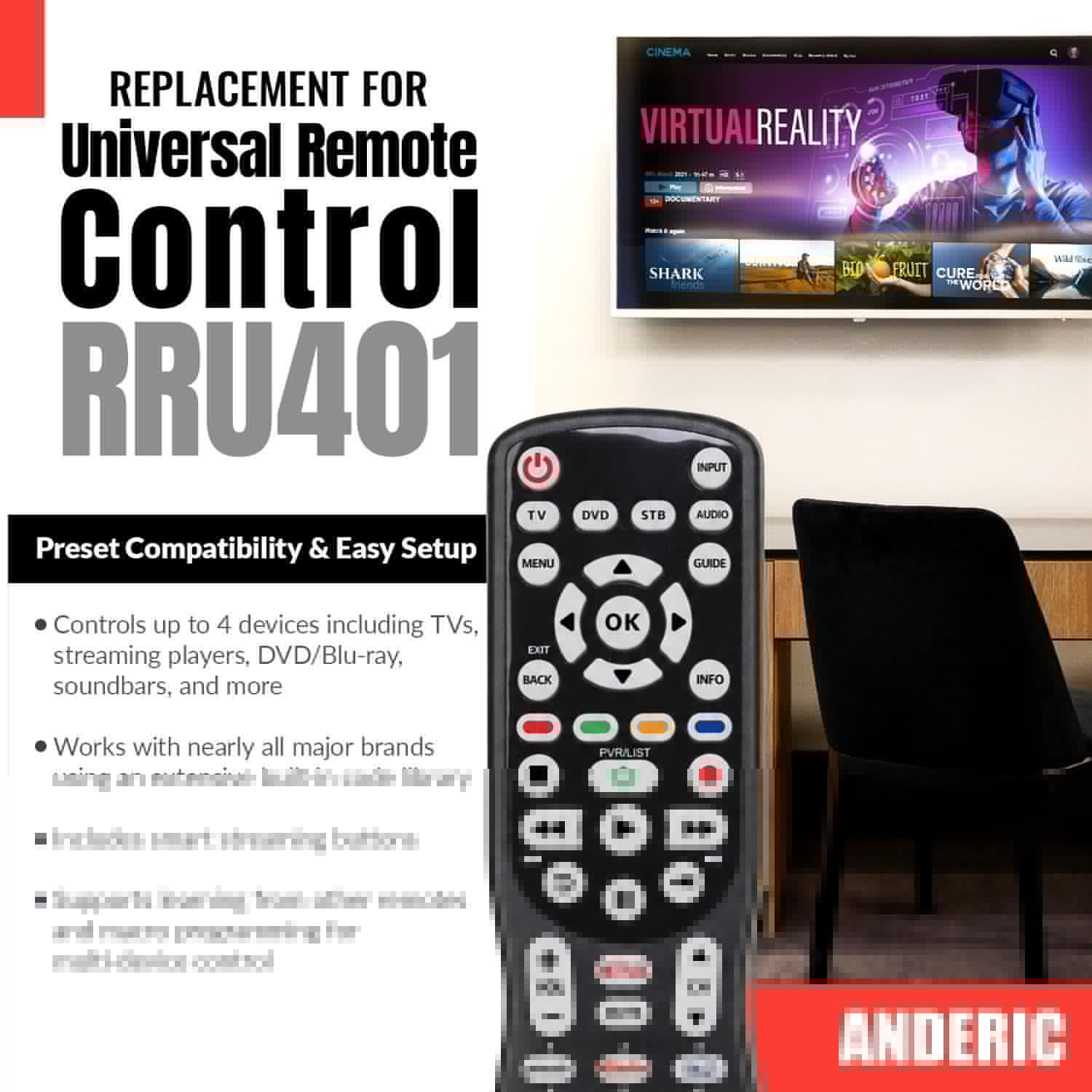 Anderic Substitute for RCA RCU404 4-Device Universal Remote Control [RRU401]