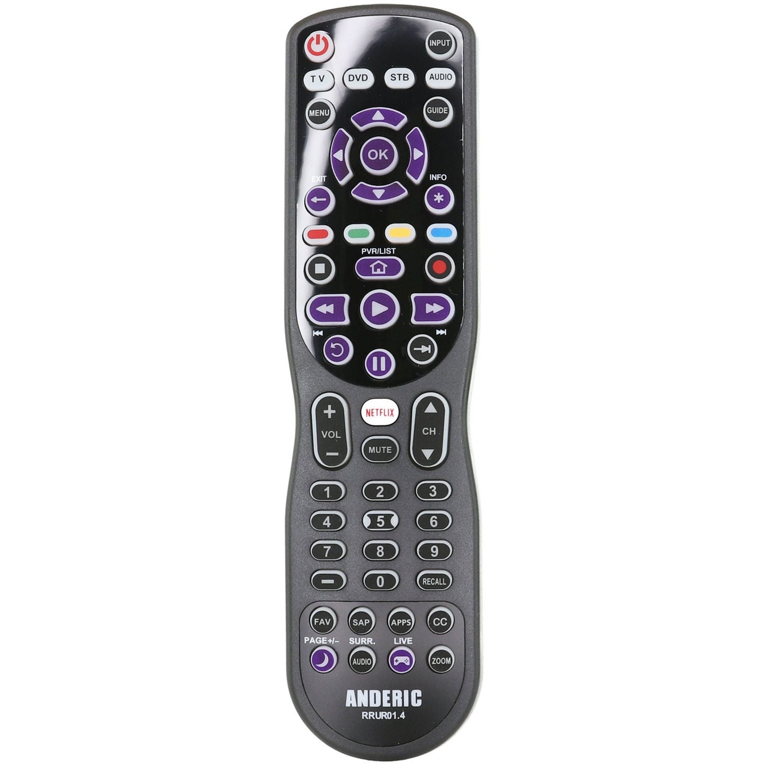 Anderic RRUR01.7 4-Device Universal Remote Control for Roku Streaming Players & Roku TV's with Backlighting, Learning, and Macro