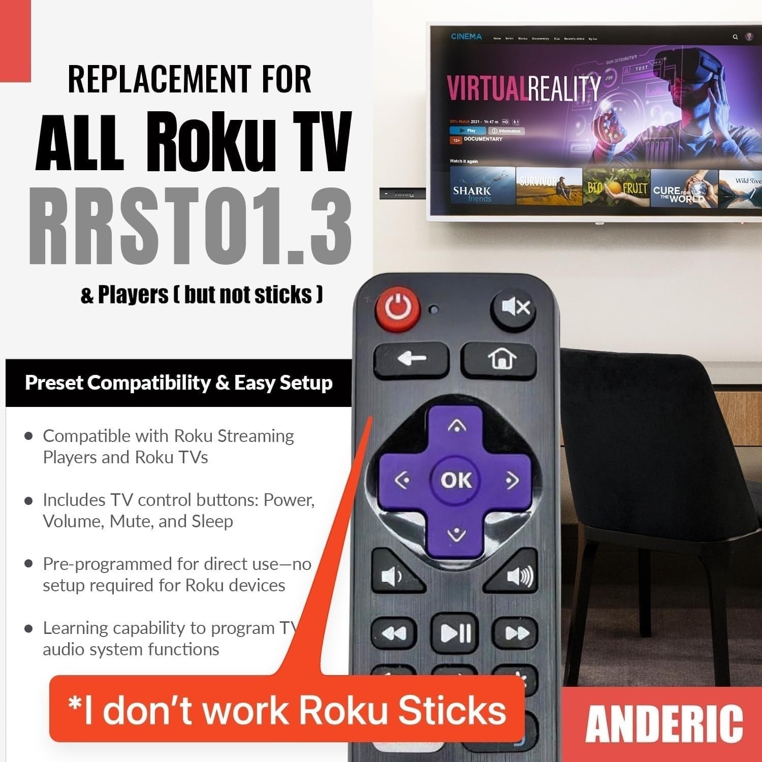 Anderic Substitute for Sharp LC-RCRCA-20 Roku TV Remote Control 398GR10BESPN005 [RRLC16]
