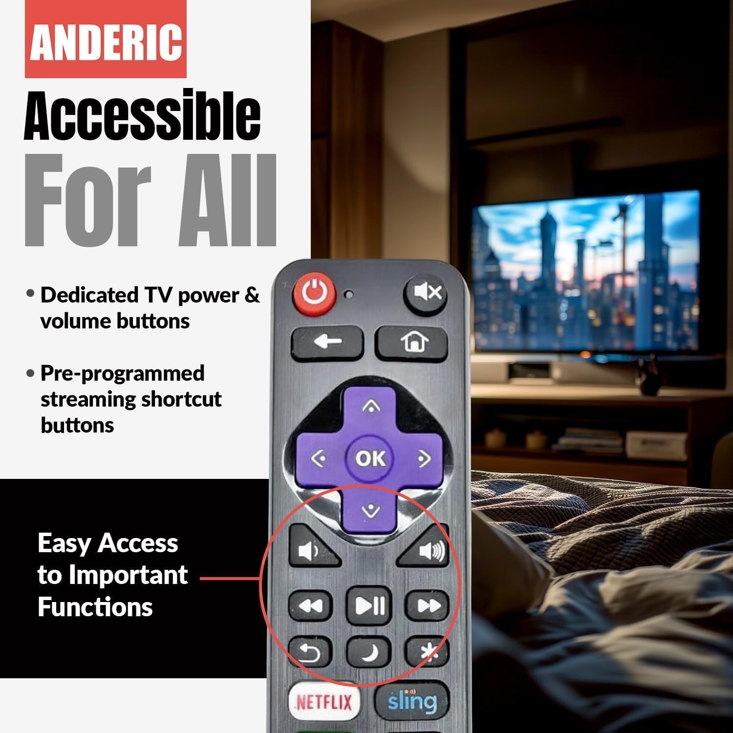 Anderic RRLC16.2 Universal Remote control with Learning for Sharp Roku-Enabled TVs | LC-RCRUS-16