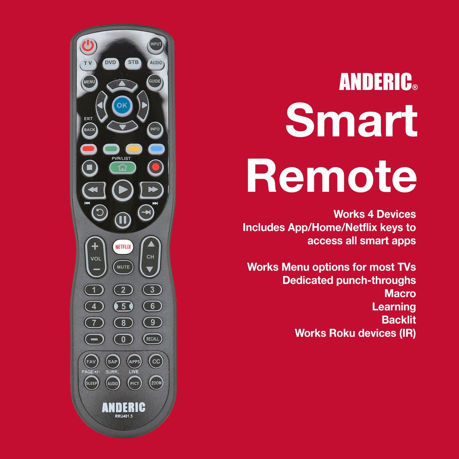 Anderic RRU401.7 4-Device Universal Remote Control with Backlight, Macro and Learning for TV, Cable, Streaming, DVD and more