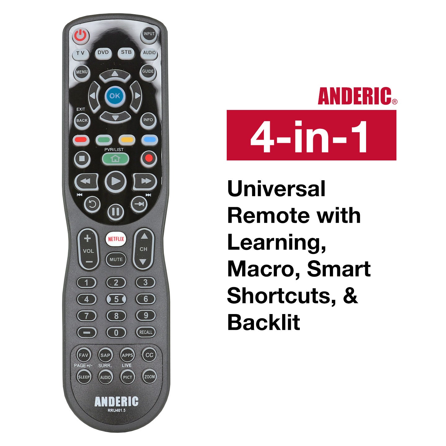 Anderic RRU401.7 4-Device Universal Remote Control with Backlight, Macro and Learning for TV, Cable, Streaming, DVD and more