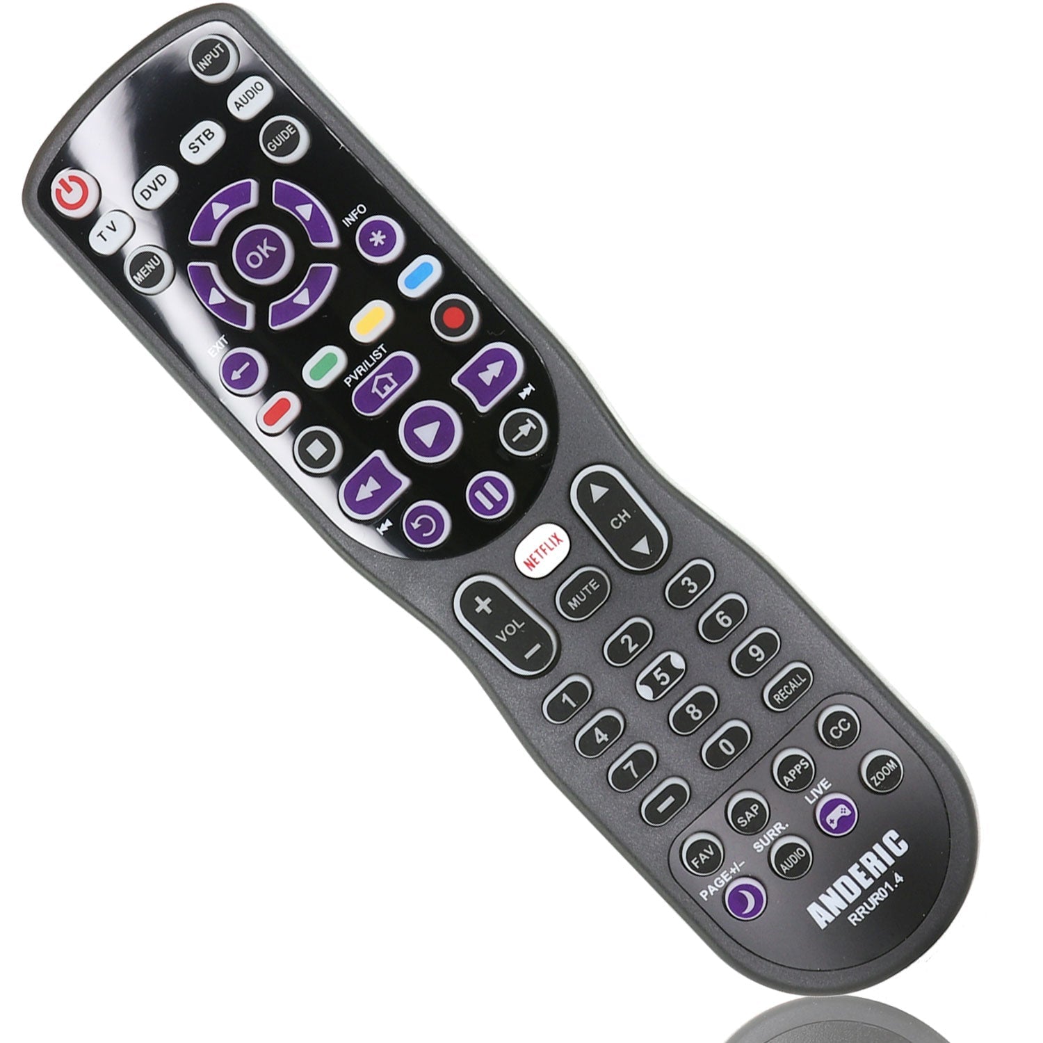 Anderic RRUR01.7 4-Device Universal Remote Control for Roku Streaming Players & Roku TV's with Backlighting, Learning, and Macro