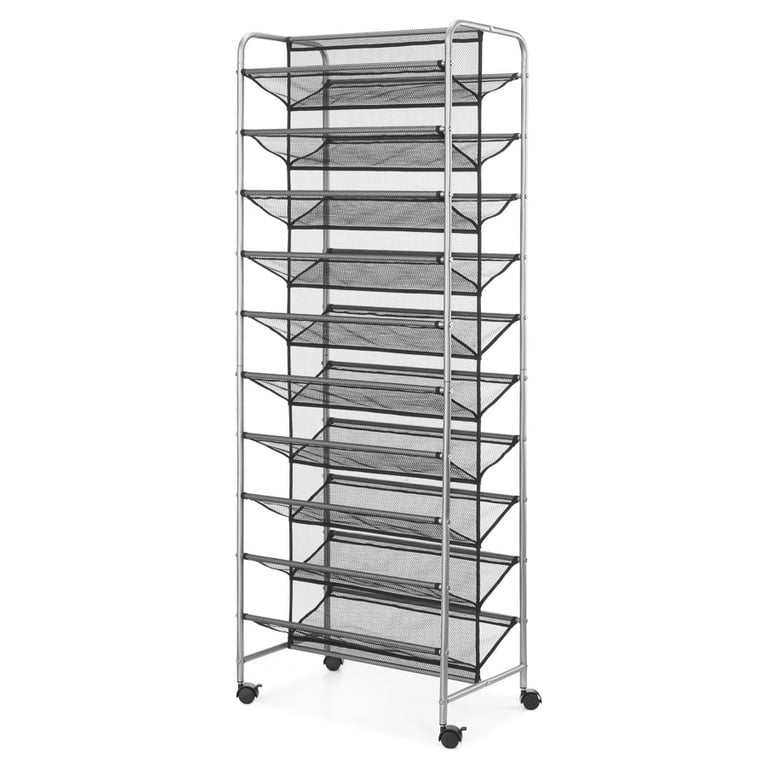 10 Tier 60 Pair Metal and Mesh Rolling Shoe Rack(D0102H20WMV)