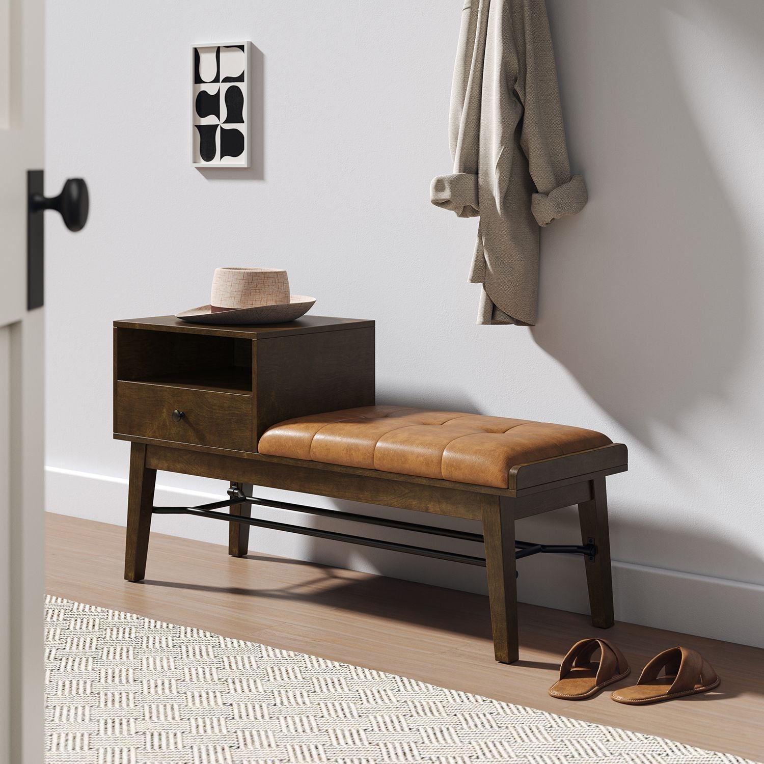 Florens Drawer Storage Bench-WALNUT(D0102H57LD2)