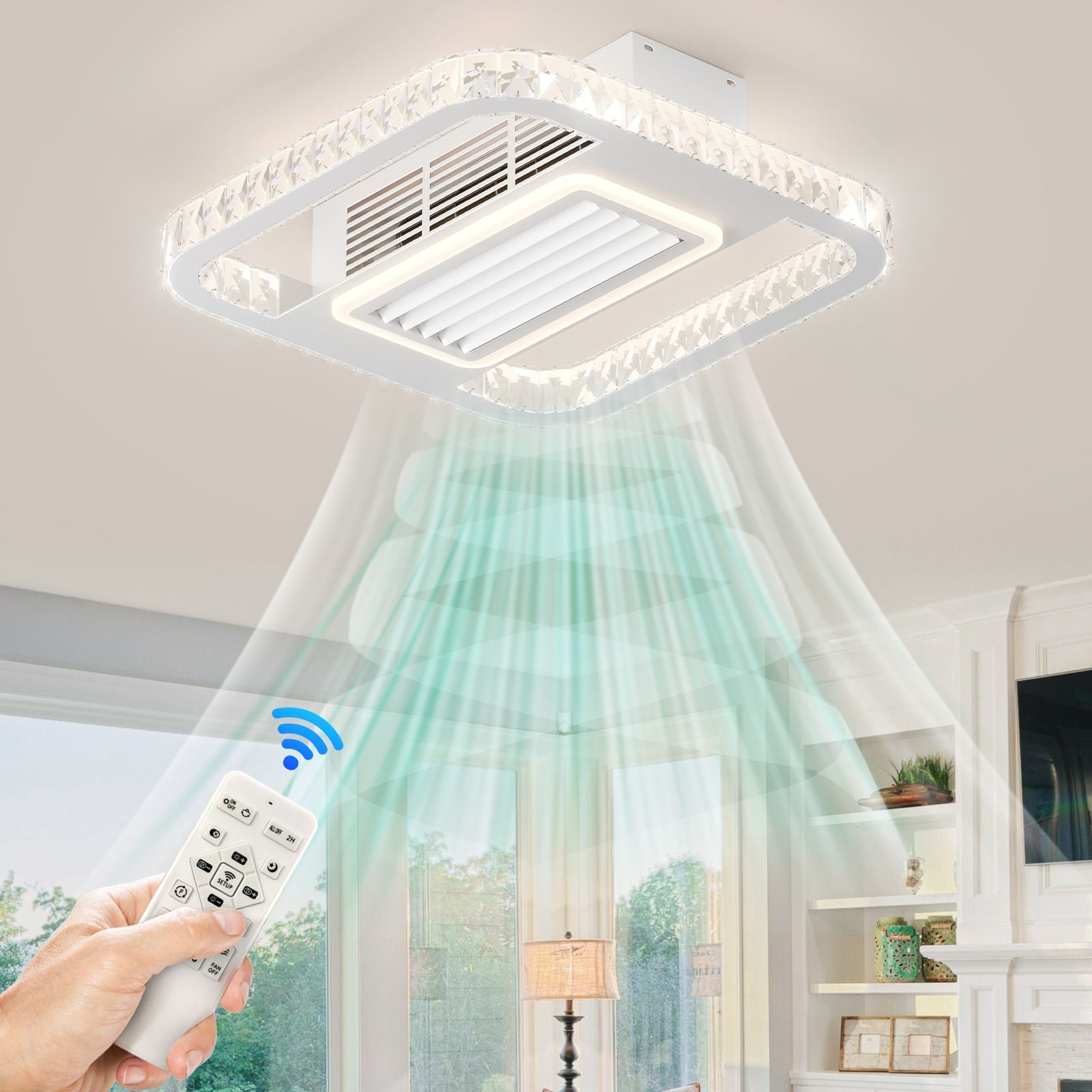 20Inches Bladeless ceiling Fan with Lights Remote control Dimmable LED, 6 gear Wind Speed Fan Light(D0102H5UgLJ)