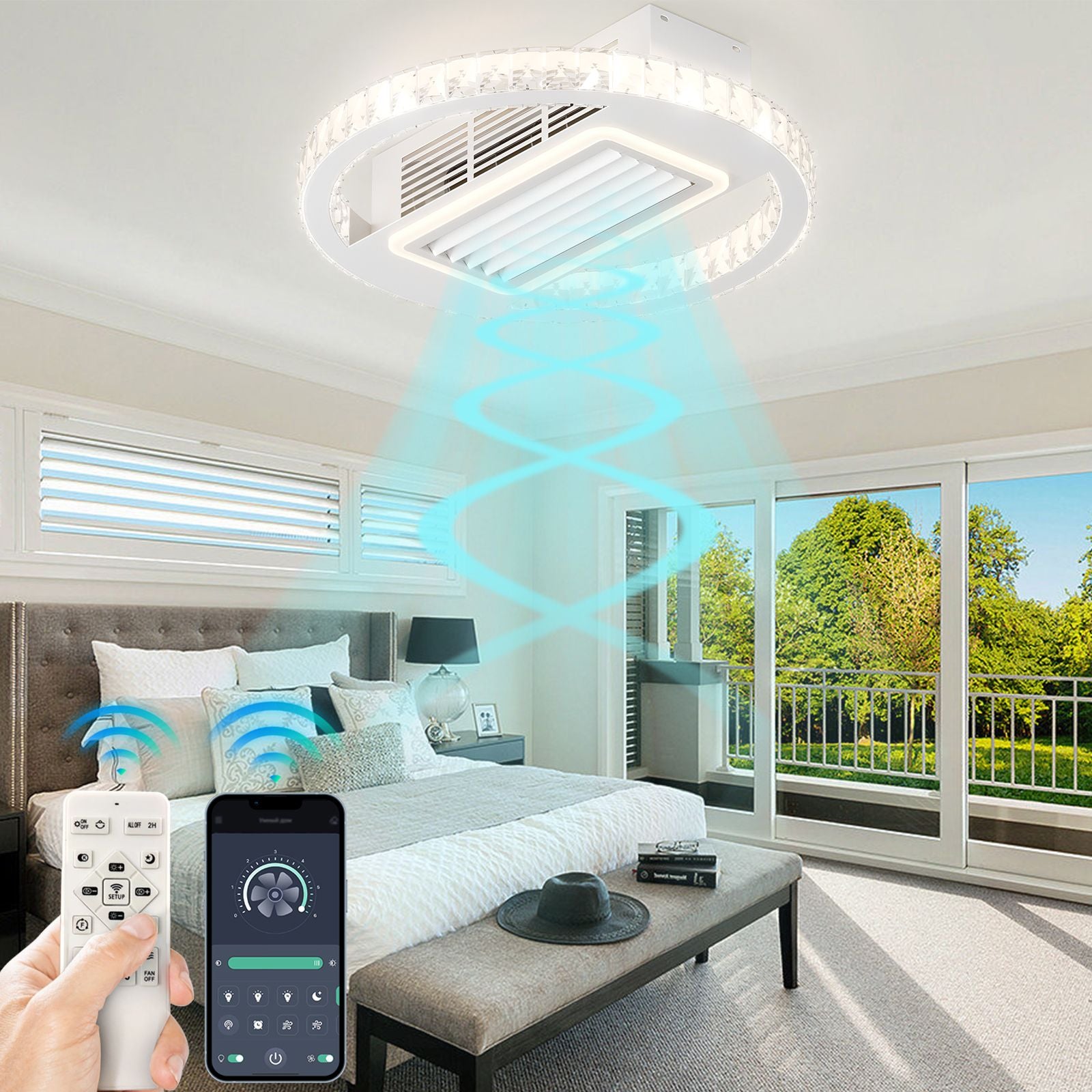 21Inches Bladeless ceiling Fan with Lights Remote control Dimmable LED, 6 gear Wind Speed Fan Light(D0102H5UgX2)