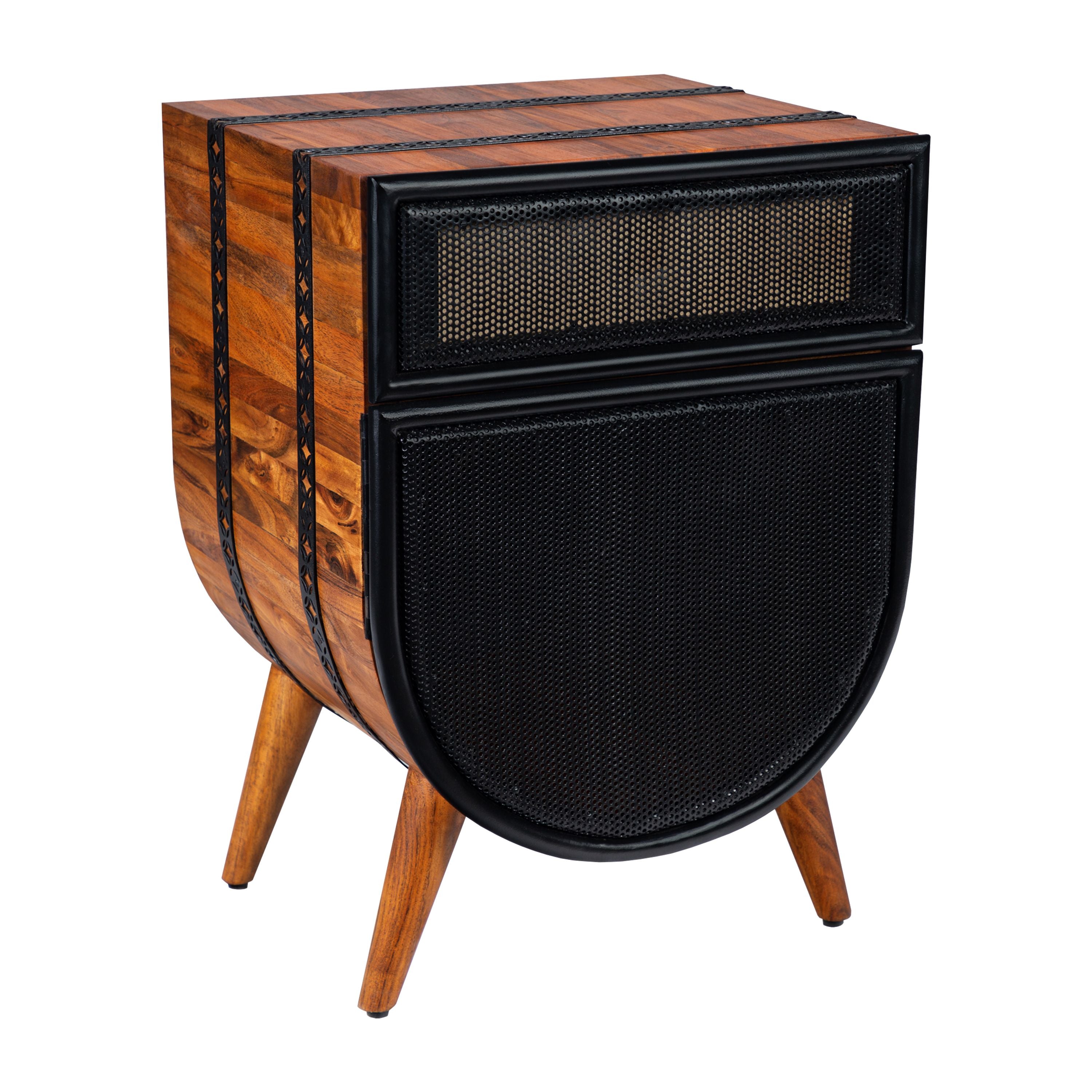 24 Inch Acacia Wood Accent cabinet chest with 1 Mesh Drawer and 1 Door, Brown and Black(D0102H713ZP)