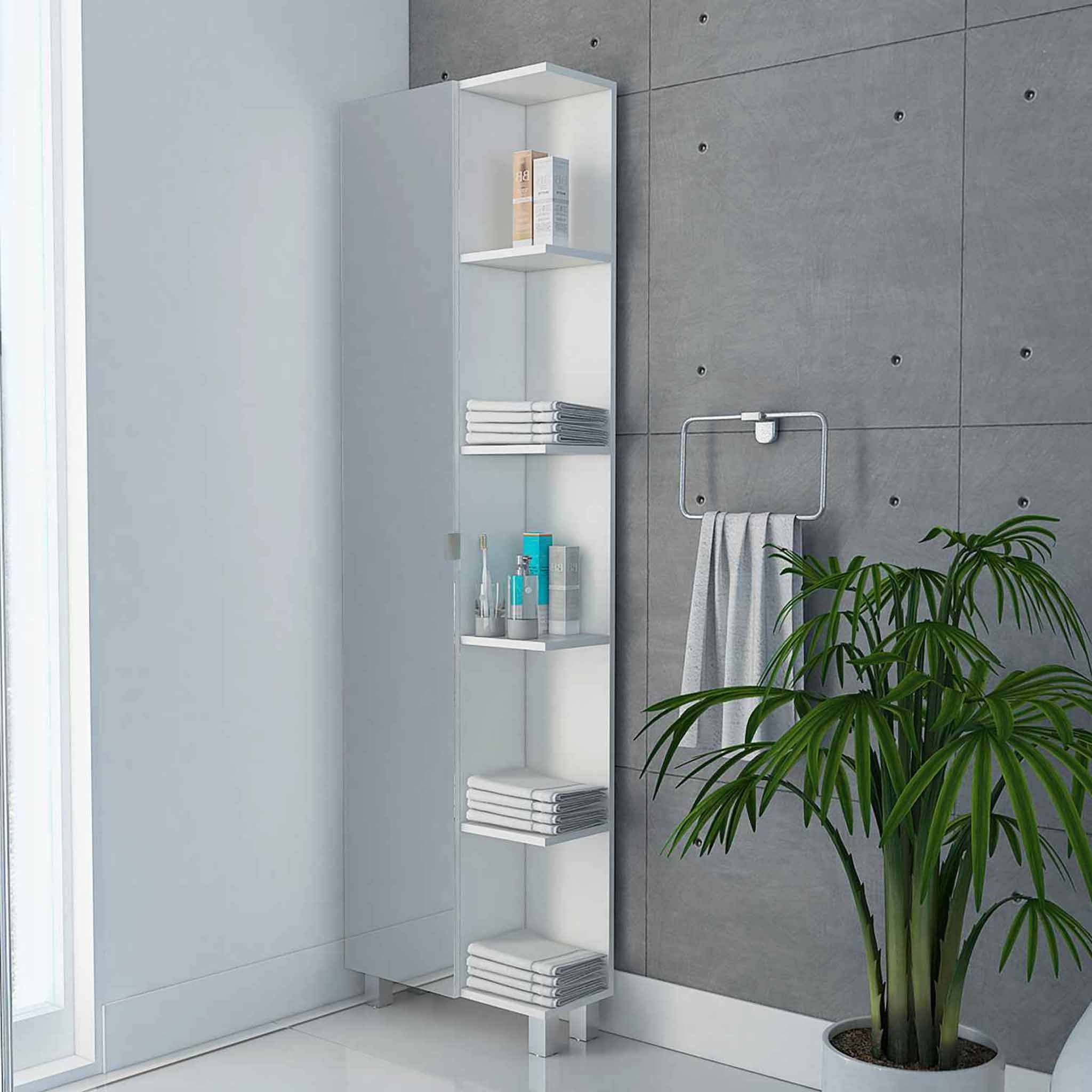 Portland 5-Shelf Linen cabinet with Mirror White(D0102H76XJ2)