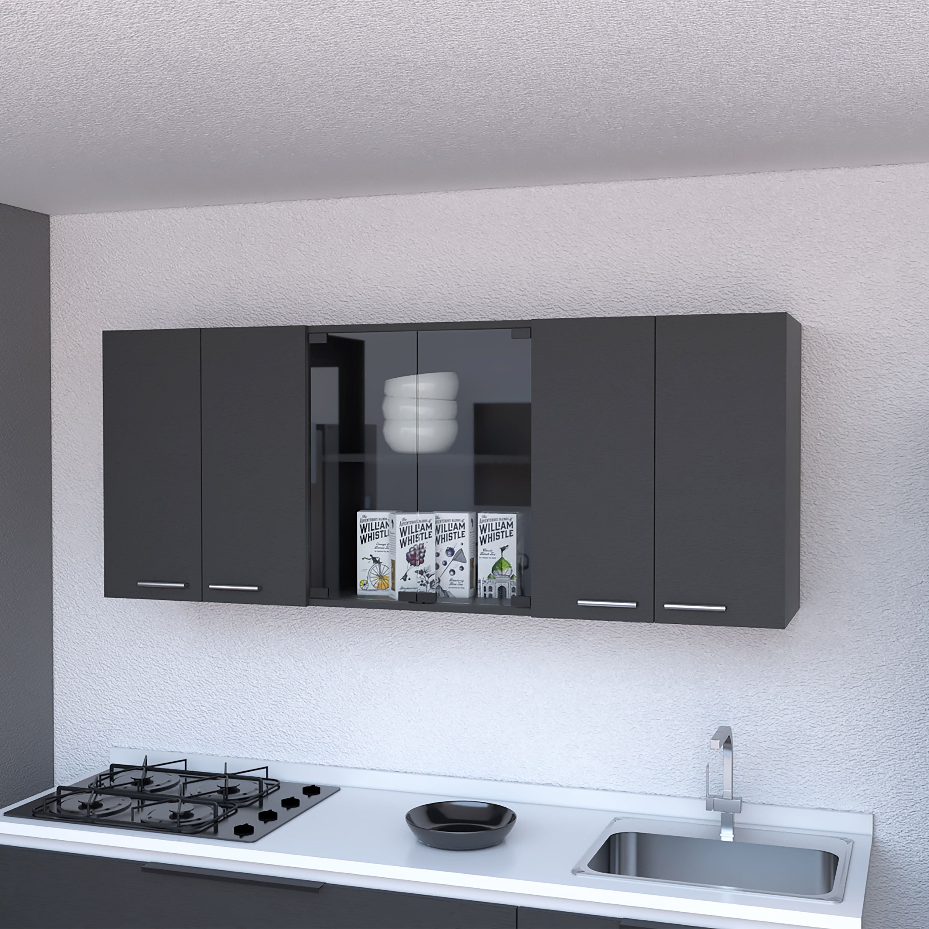 Shelton 59-inch Two center glass Doors Wall cabinet Black Wengue(D0102H76XMT)