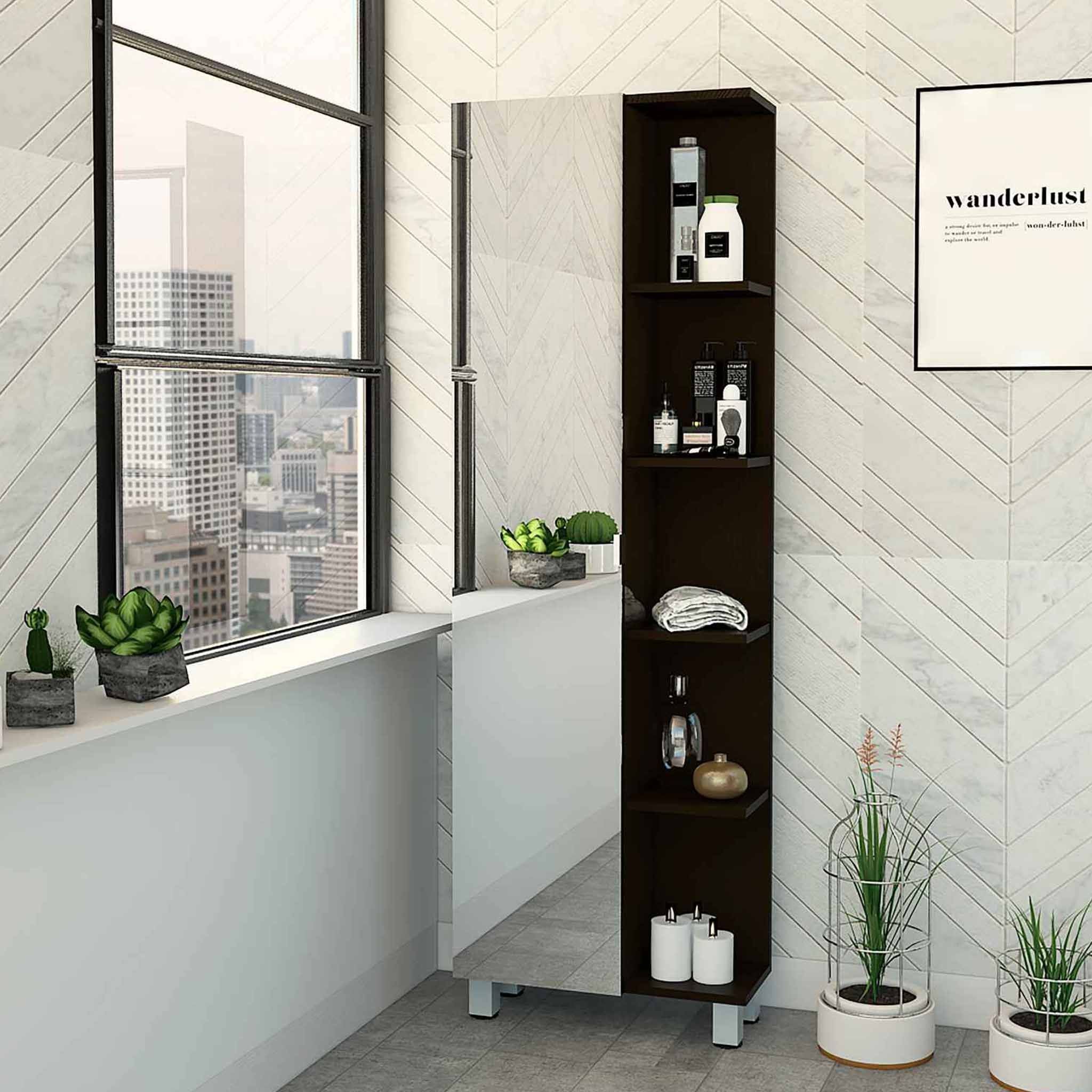 Portland 5-Shelf Linen cabinet with Mirror Black Wengue(D0102H76XP2)