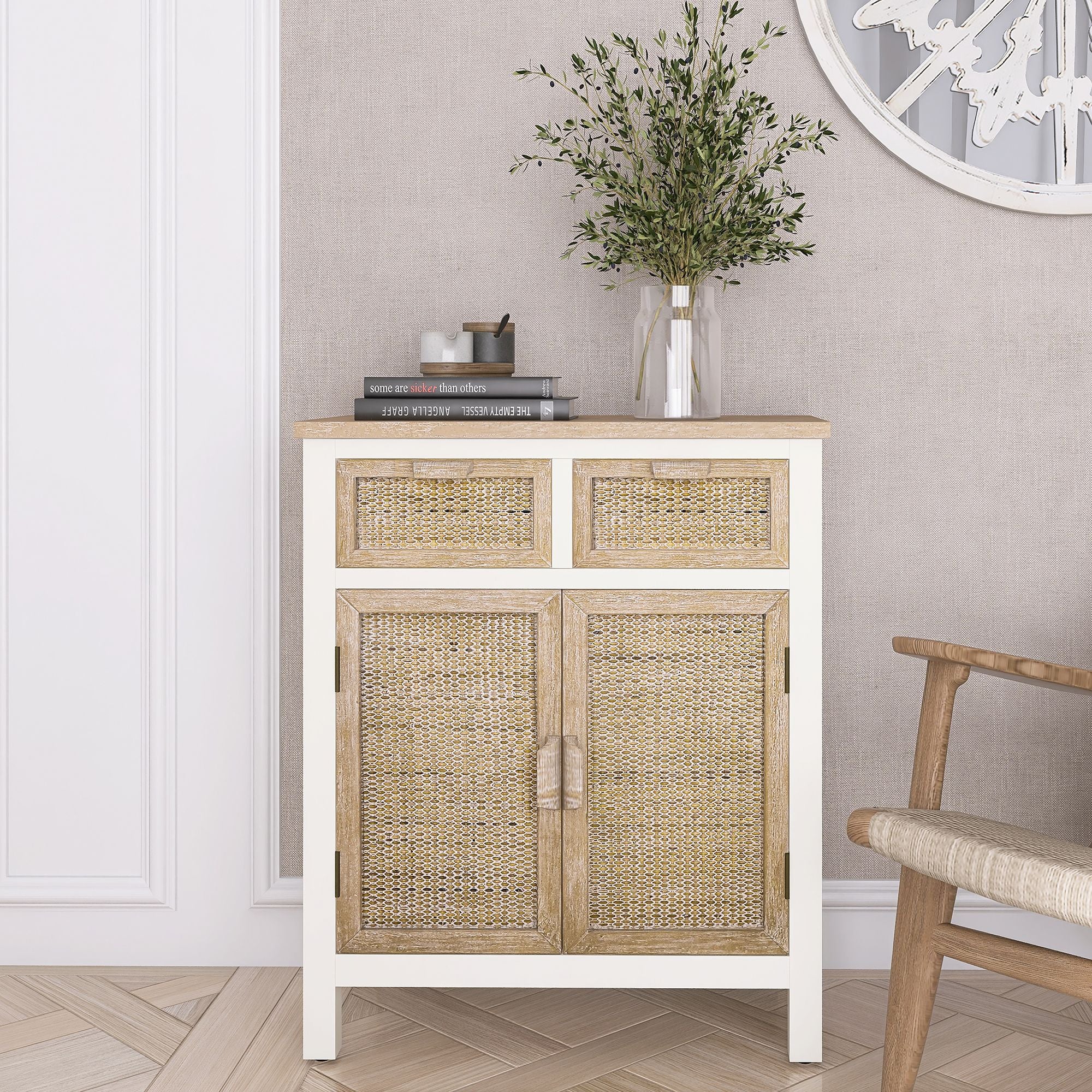 Wooden cabinet with 2 Drawer and 2 Doors Vintage Accent Storage cabinet for Entryway Living Room(D0102H7V122)