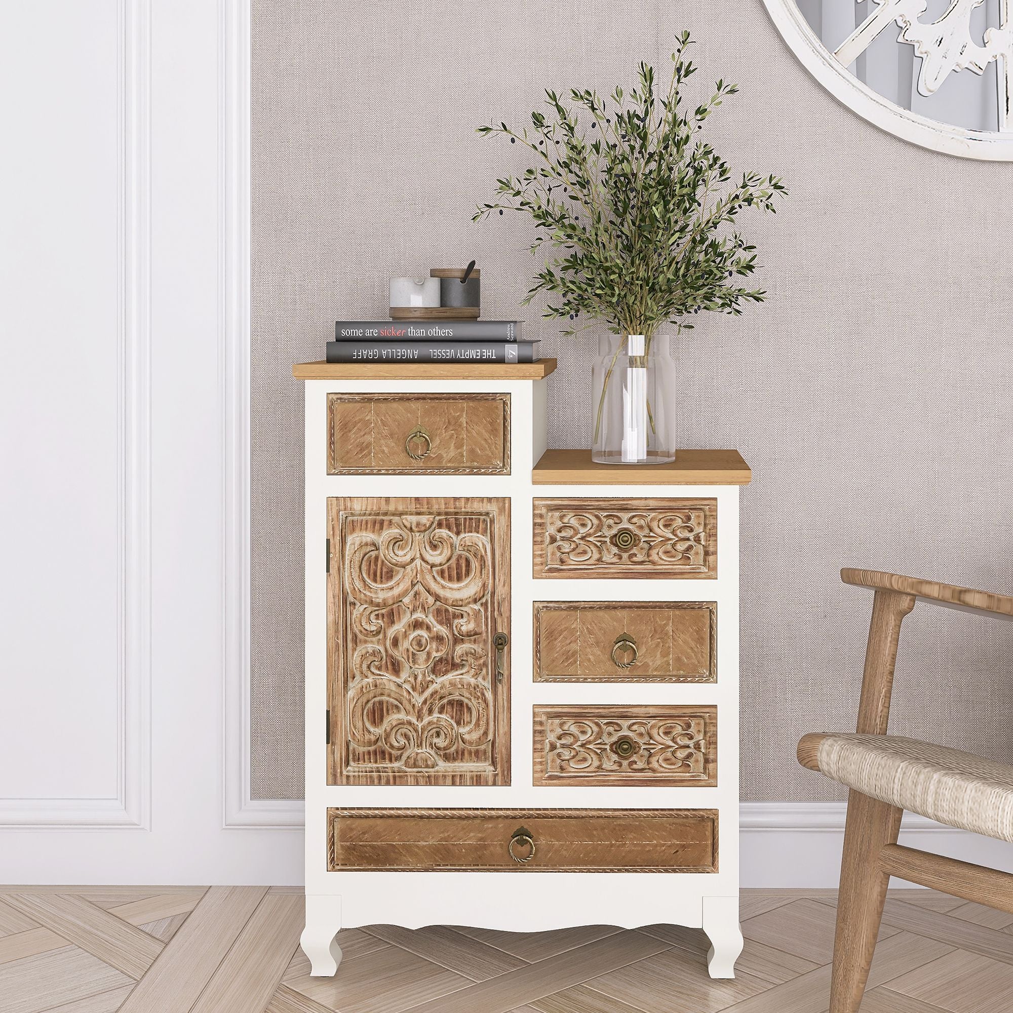 Wooden cabinet with 5 Drawers and 1 Door Retro Accent Storage cabinet for Entryway Living Room(D0102H7V1SJ)