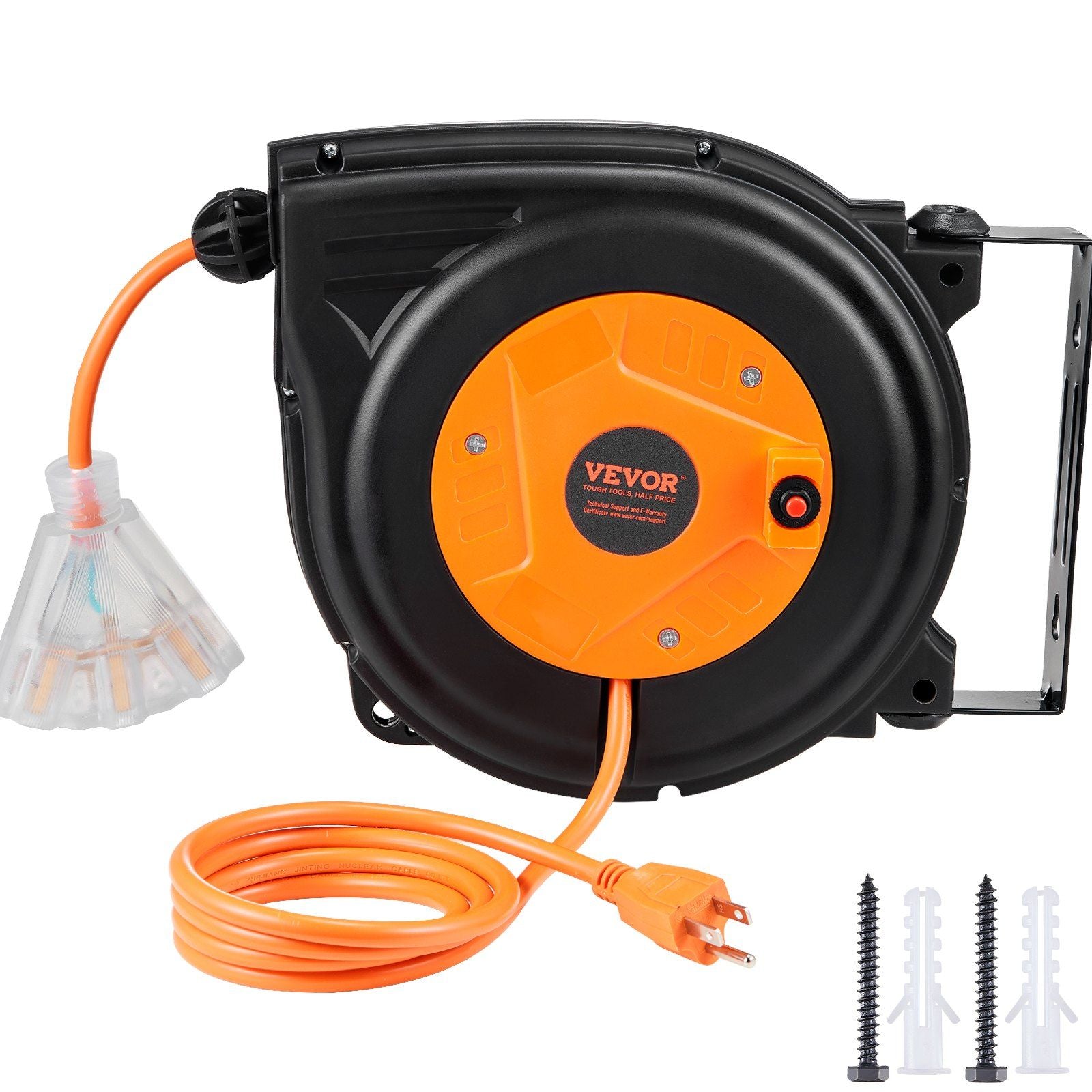 Vevor Retractable Extension Cord Reel, 30 Ft, Heavy Duty 16Awg/3C Sjtow Power Cord, With Lighted Triple Tap Outlet 10 Amp Circui
