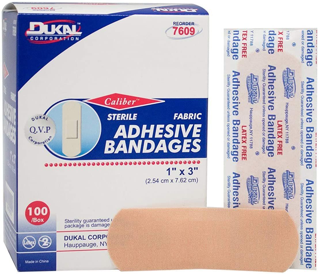 Dukal Adhesive Bandages Pack of 100 Fabric Bandages 1 x 3 for Wound Protection Sterile Bandages with Non-Adherent pad Single use