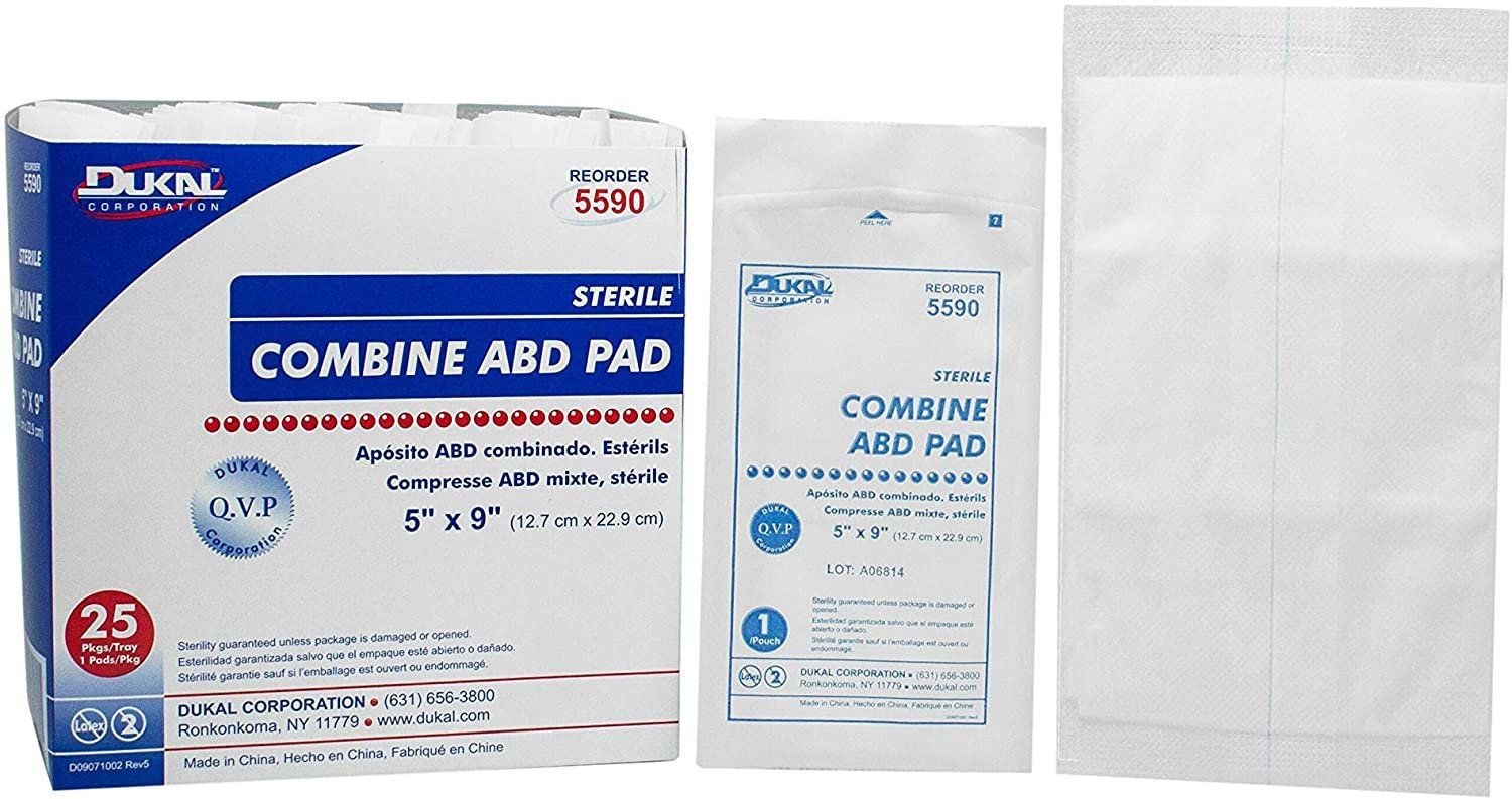 Dukal Abdominal Pads Pack of 25 Sterile ABD Pads 5 x 9 Highly Absorbent sterile dressings for Wound Padding and Protection Multi