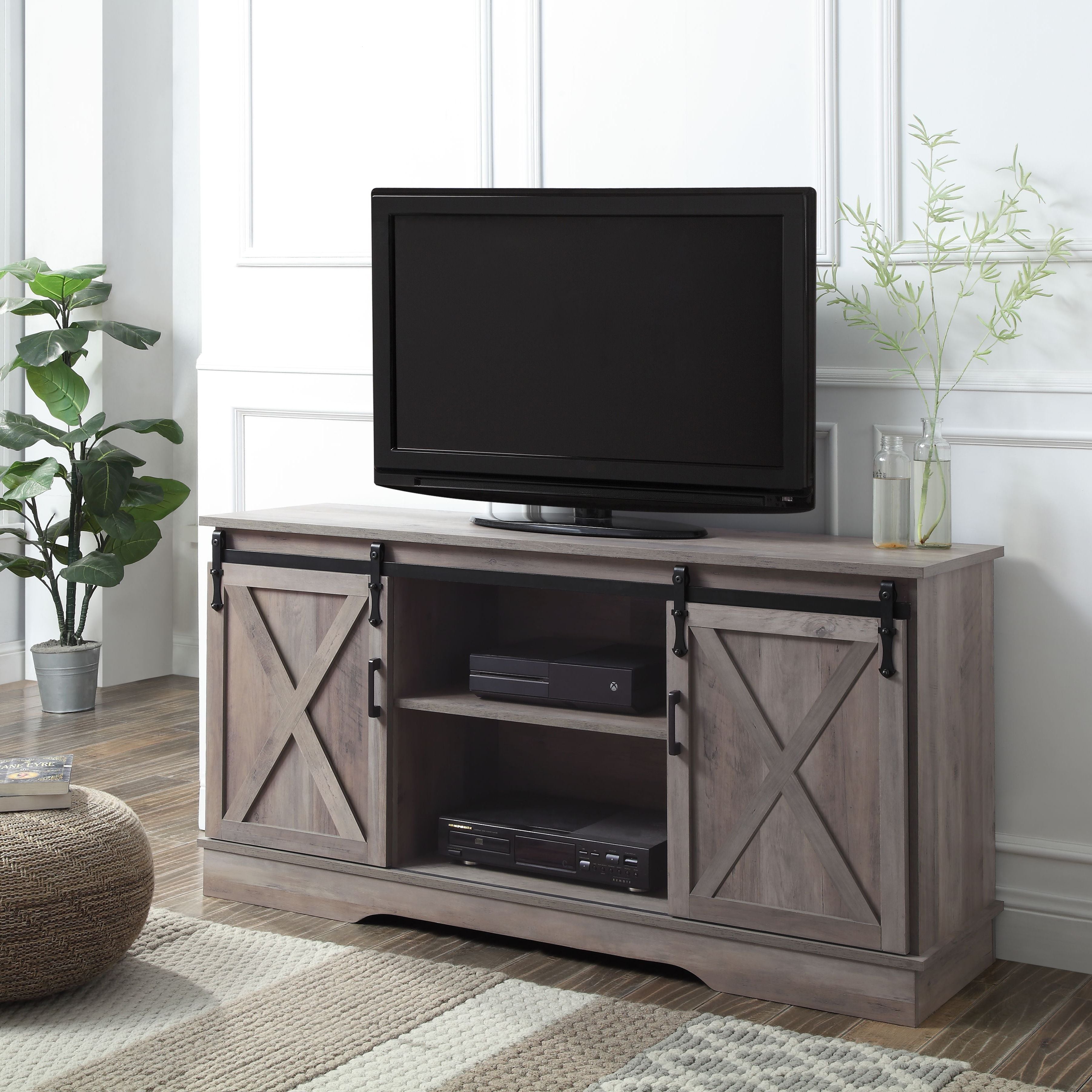 Grey TV Stand with 2 Sliding Barn Doors