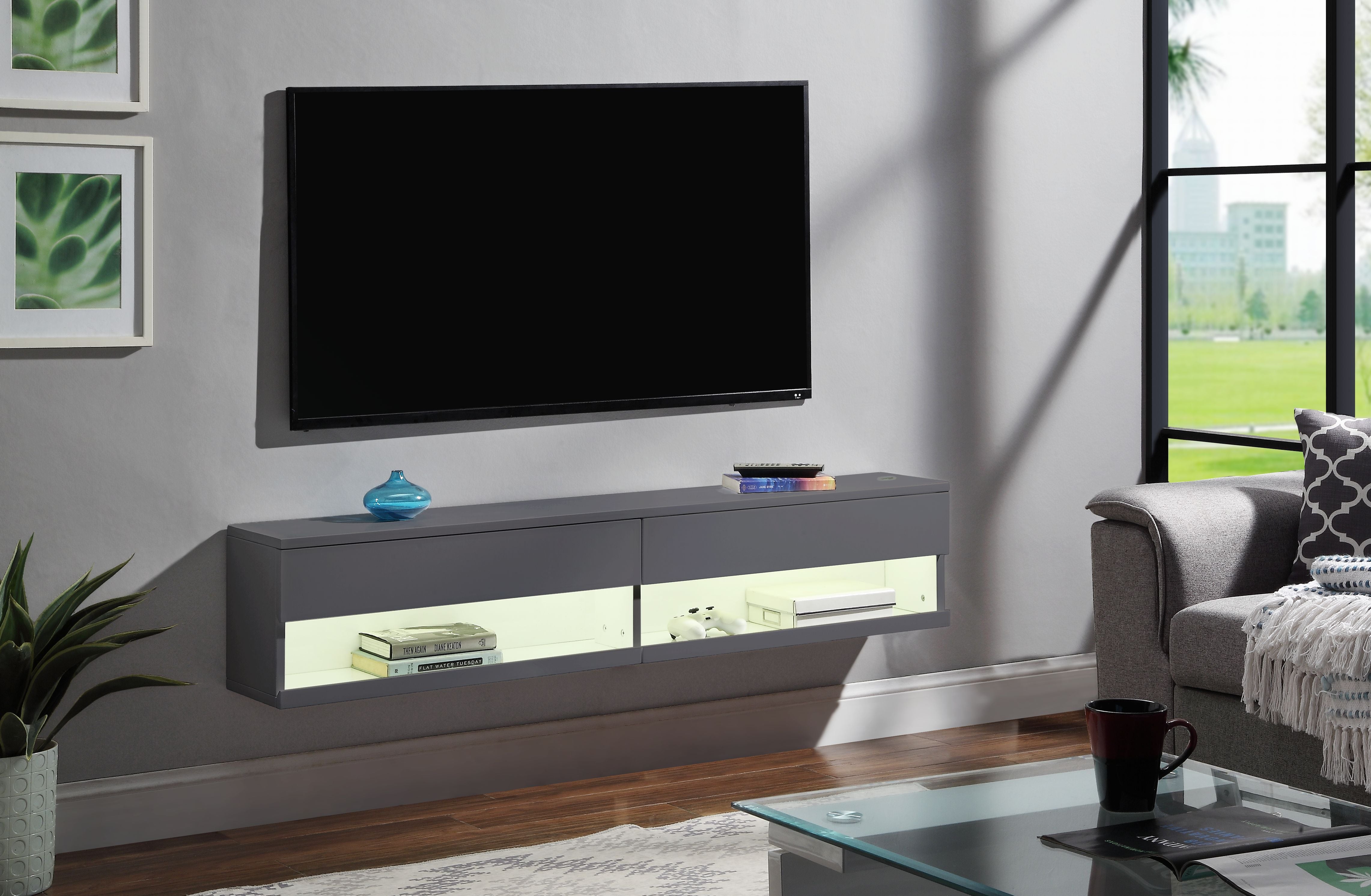 Grey Floating TV Stand with LED Light