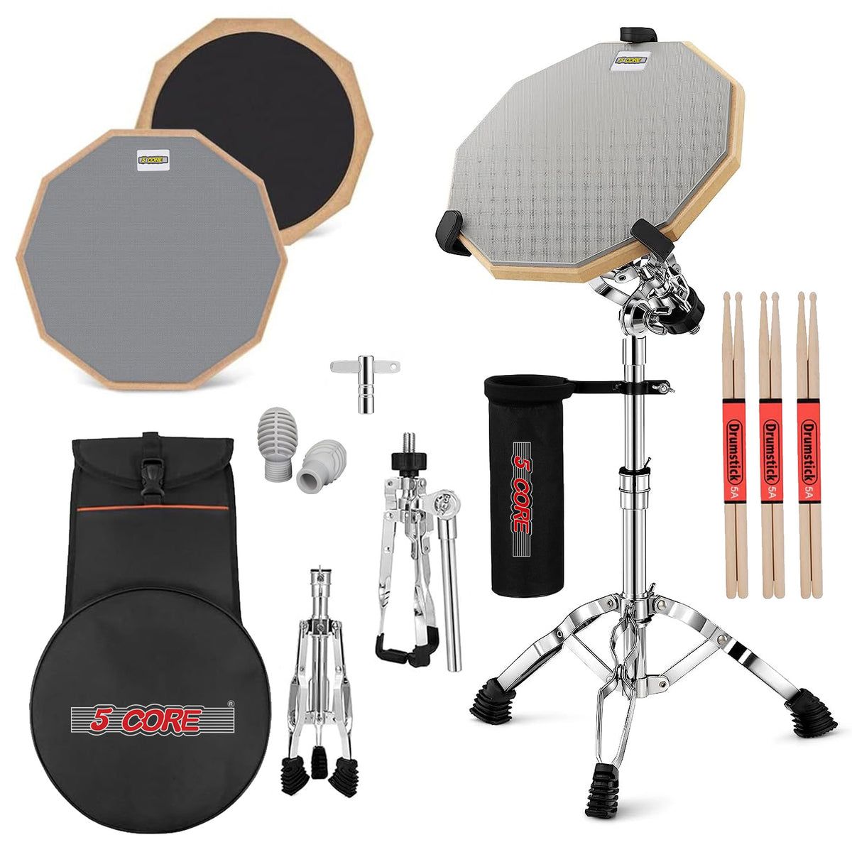 5 Core Drum Practice Pad Set 12'' Adjustable Snare Drumming Stand Double Sided Silent Drummer Kit   Dpad Combo Grey