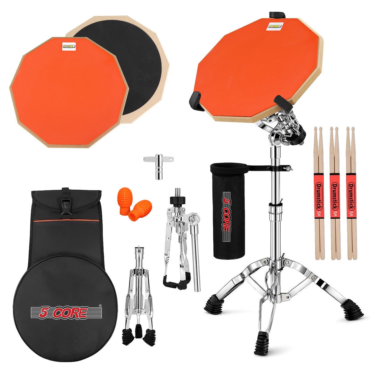 5 Core Drum Practice Pad Set 12'' Adjustable Snare Drumming Stand Double Sided Silent Drummer Kit   Dpad Combo Org