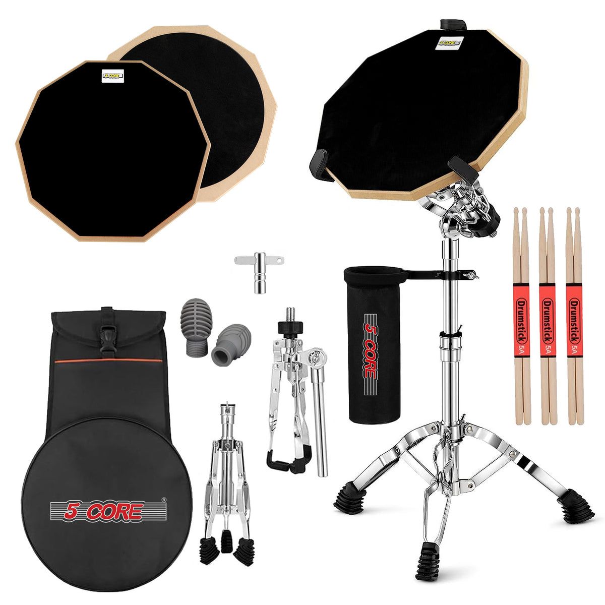 5 Core Drum Practice Pad Set 12'' Adjustable Snare Drumming Stand Double Sided Silent Drummer Kit   Dpad Combo Blk