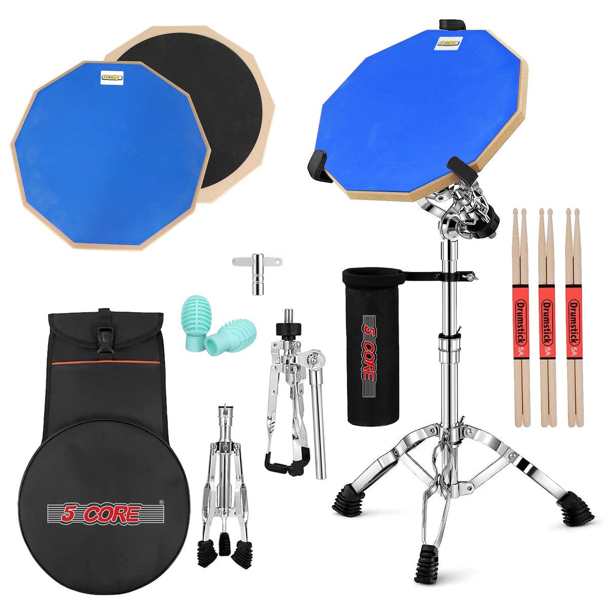 5 Core Drum Practice Pad Set 12'' Adjustable Snare Drumming Stand Double Sided Silent Drummer Kit   Dpad Combo Blu