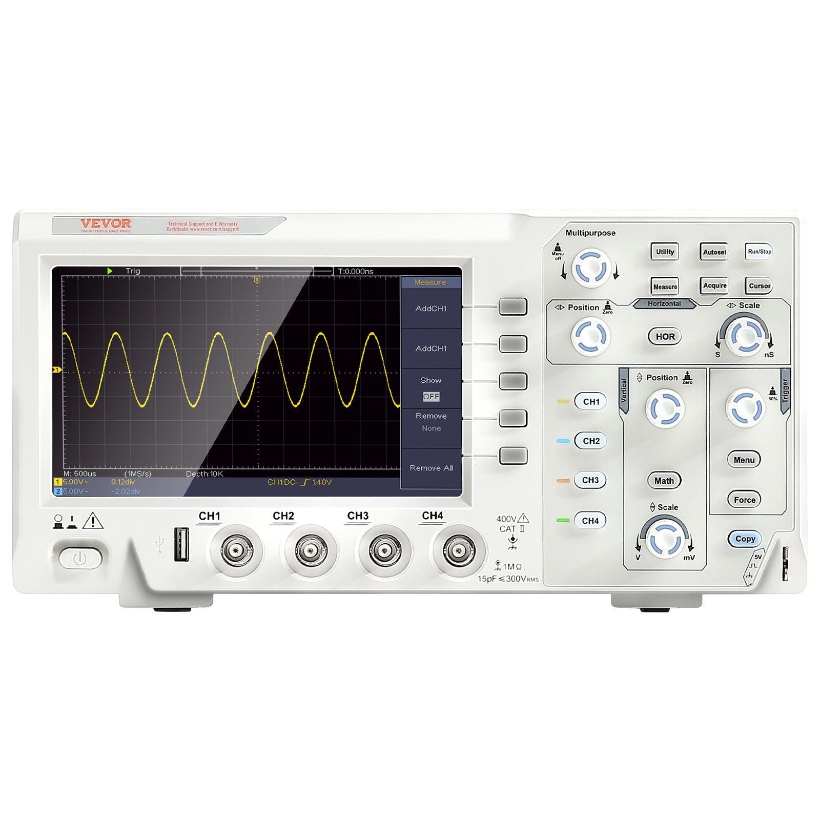VEVOR Digital Oscilloscope, 1GS/S Sampling Rate, 100MHZ Bandwidth Portable Oscilloscope with 4 Channels 7-inch Color Screen, 30 