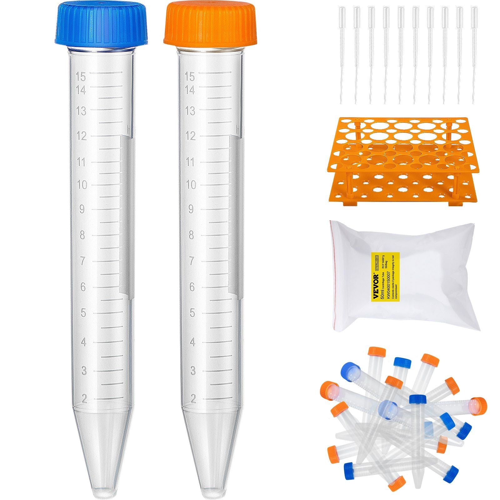 VEVOR Conical Centrifuge Tubes, 15mL, 500Pcs PP Graduated Container w/ Leak-proof Screw Cap, Write Mark & Test Tube Rack, DN/RNa