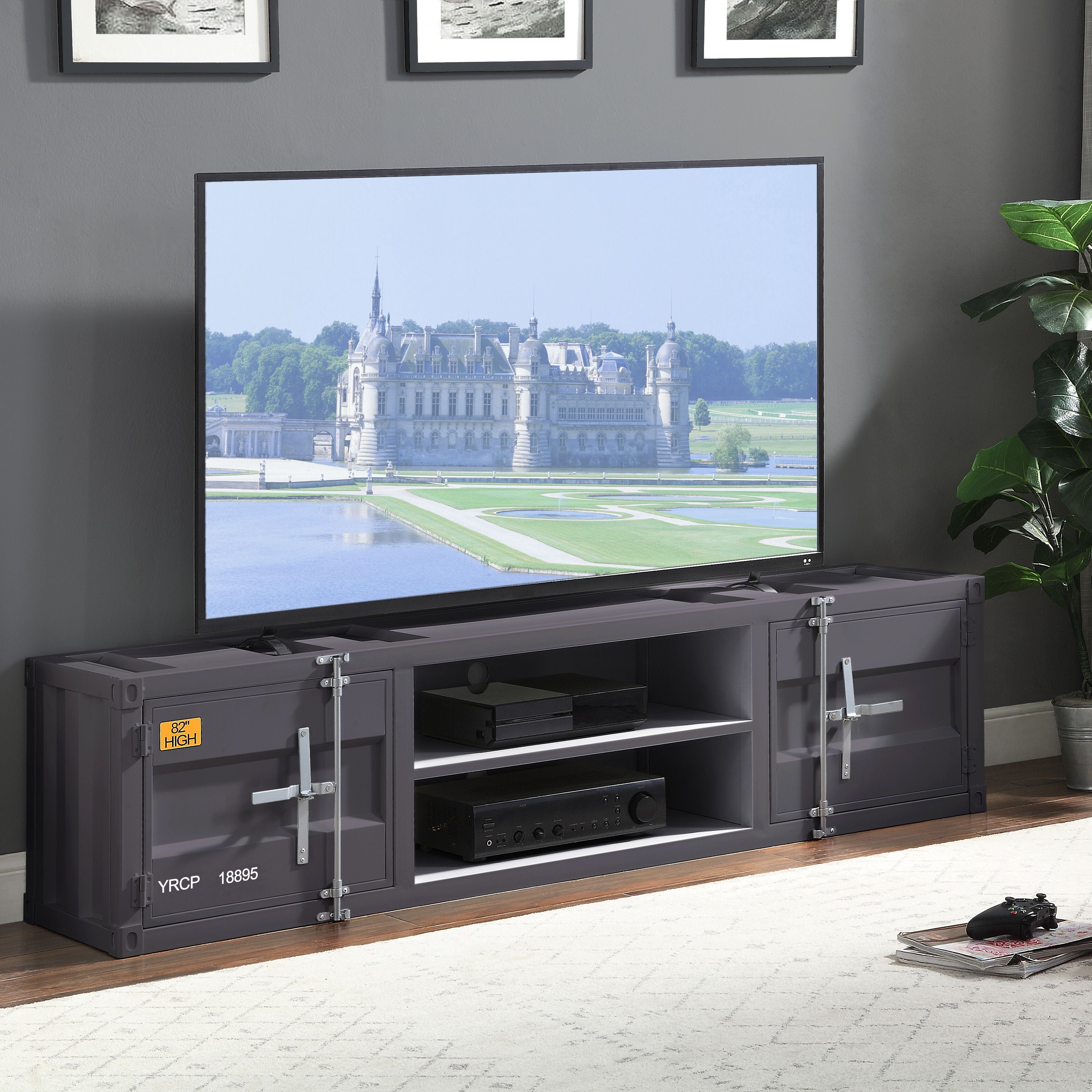 Gunmetal TV Stand with 2 Open Shelves