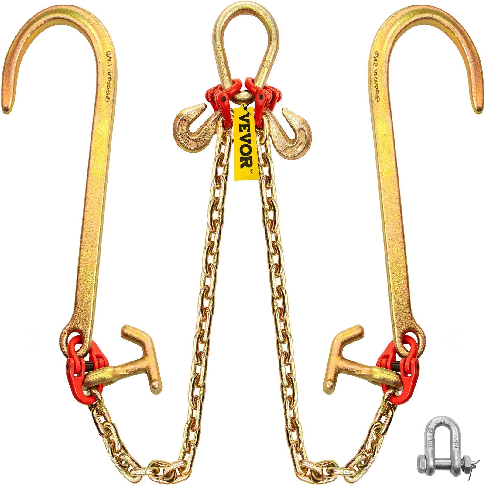 VEVOR V Bridle Chain, 5/16 in x 2 ft Tow Chain Bridle, Grade 80 V-Bridle Transport Chain, 9260 Lbs Break Strength with TJ Hooks 