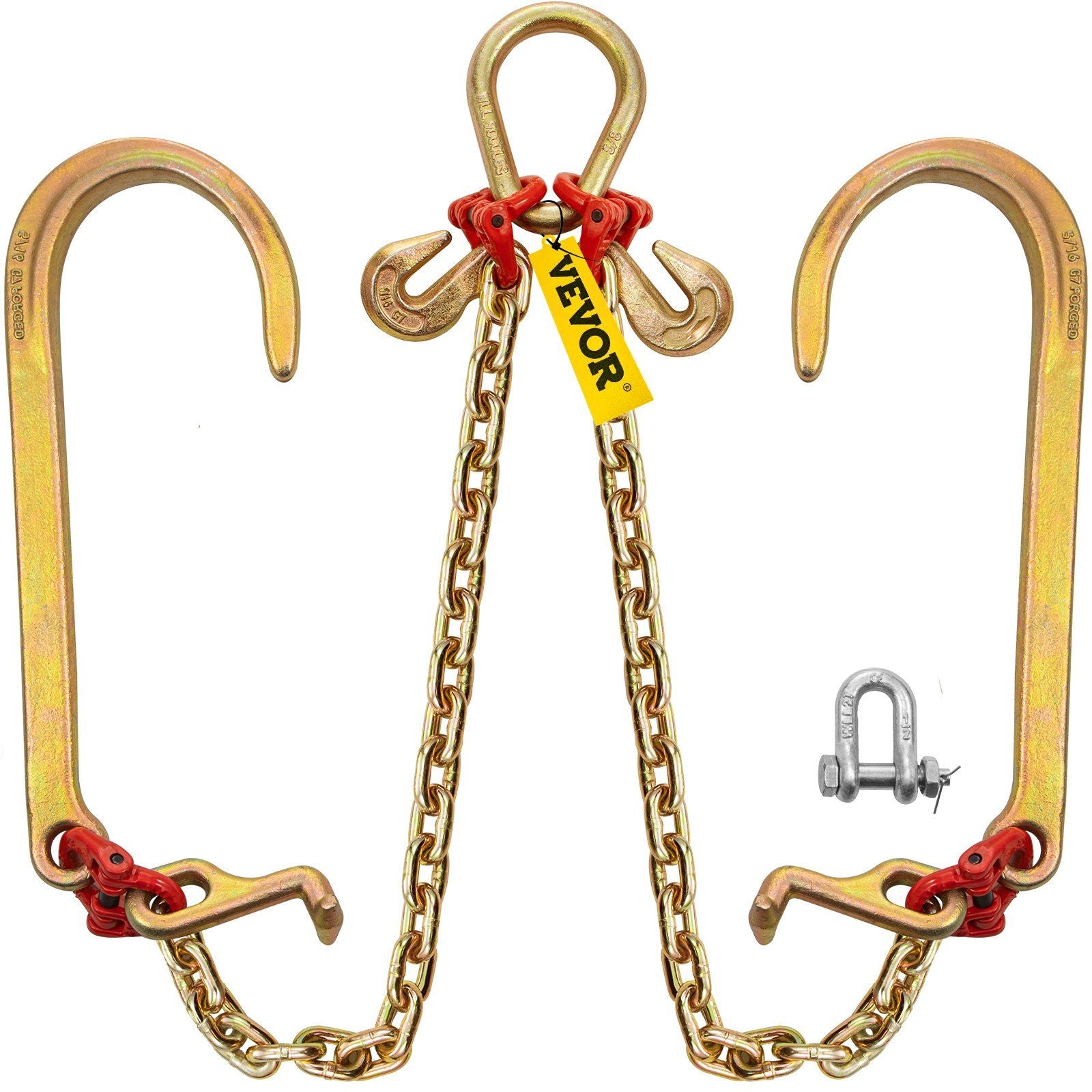 VEVOR V Bridle Chain, 5/16 in x 2 ft Bridle Tow Chain, Grade 80 V-Bridle Transport Chain, 9260 Lbs Break Strength with TJ Hooks 