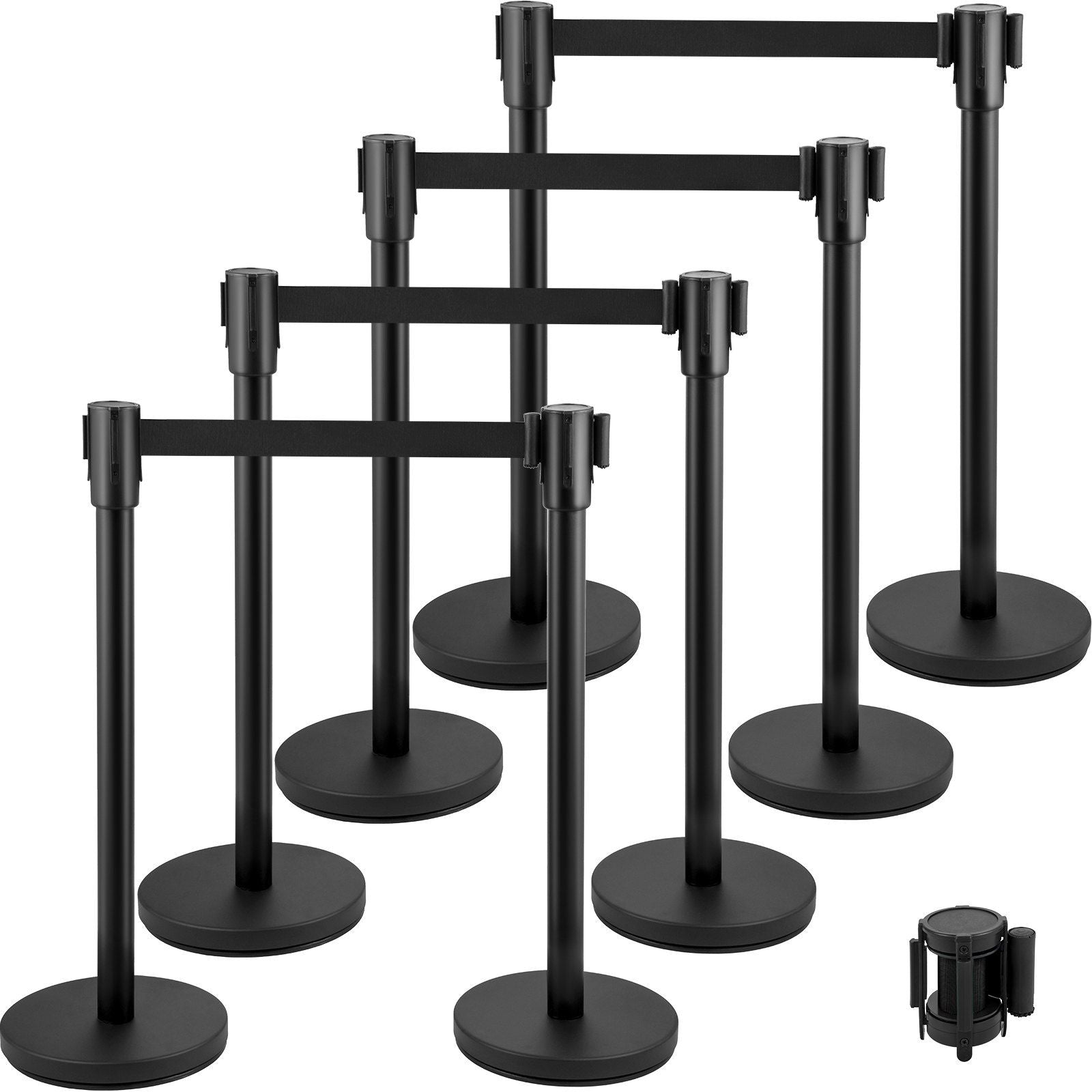 VEVOR Crowd Control Stanchion, Set of 8 Pieces Stanchion Set, Stanchion Set with 6.6 ft/2 m Black Retractable Belt, Black Crowd 