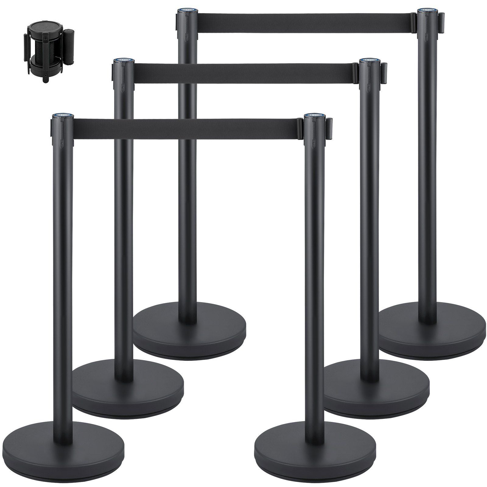 VEVOR Crowd Control Stanchion, Set of 6 Pieces Stanchion Set, Stanchion Set with 6.6 ft/2 m Black Retractable Belt, Black Crowd 
