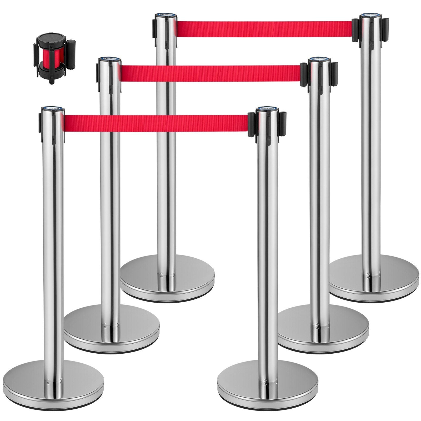 VEVOR Crowd Control Stanchion, Set of 6 Pieces Stanchion Set, Stanchion Set w/ 6.6 ft/2 m Red Retractable Belt, Crowd Control Ba
