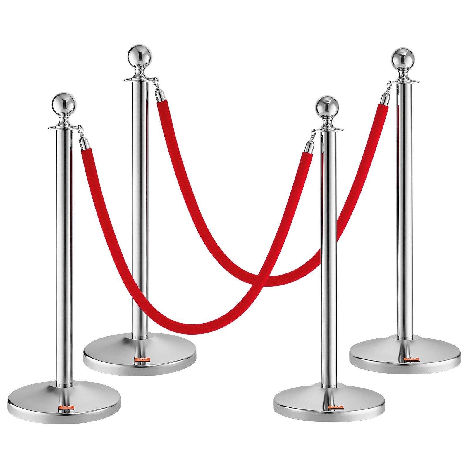 VEVOR Stanchion Post with Velvet Rope, 4-Pack Crowd Control Stanchion with 2PCS 5FT Red Velvet Ropes, Stainless Steel Queue Barr