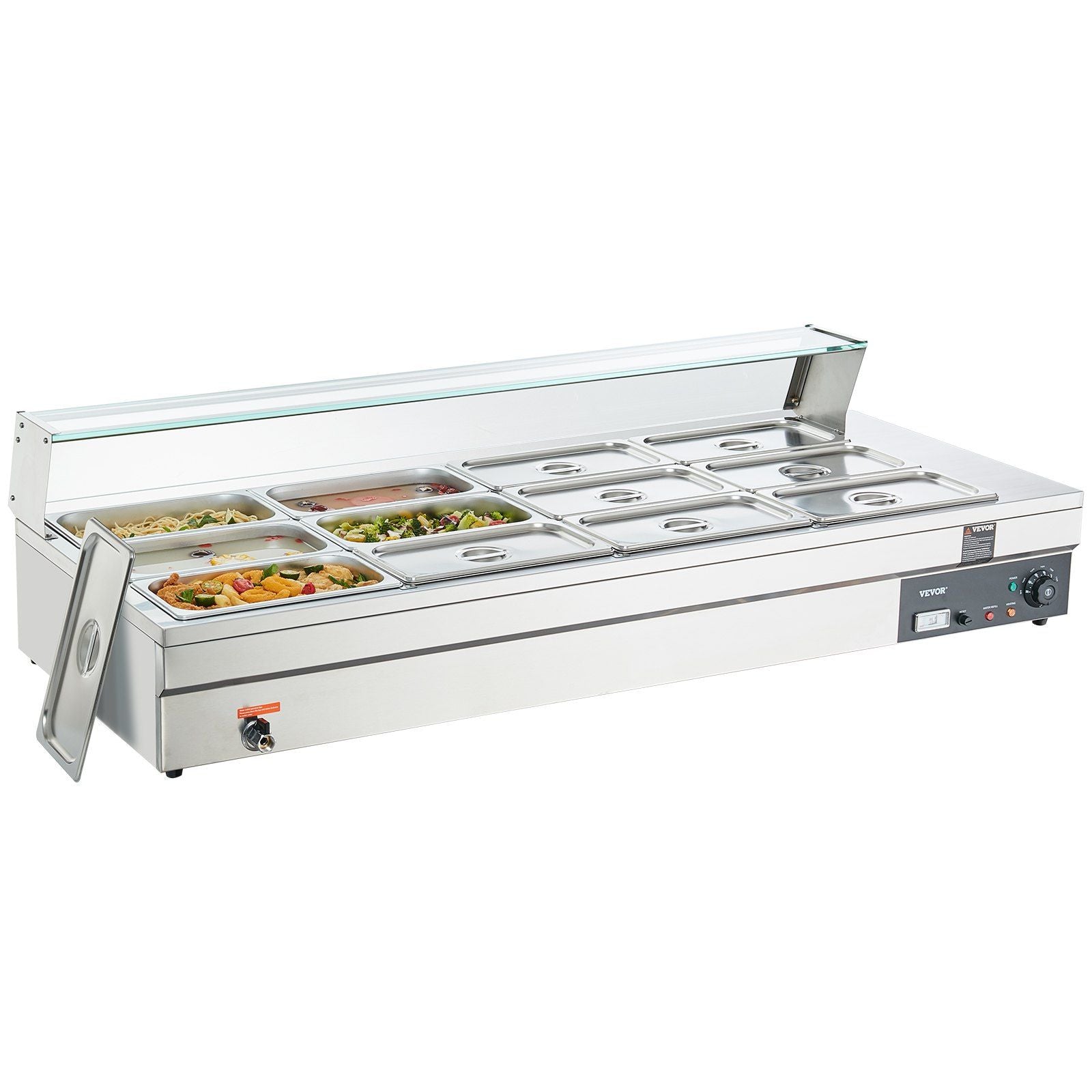 Vevor 12 Pan Commercial Food Warmer, 12 X 8Qt Electric Steam Table With Tempered Glass Cover, 1800W Countertop Stainless Steel B